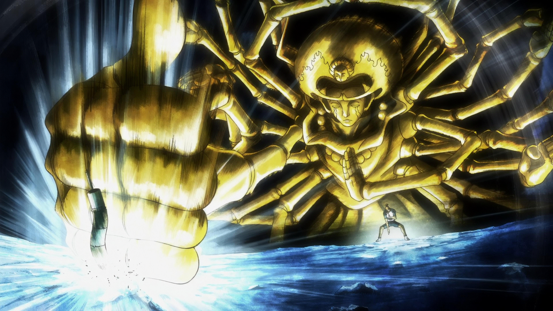HD desktop wallpaper featuring an intense scene from Hunter x Hunter with Isaac Netero unleashing his power against Meruem in a dramatic aura of light.