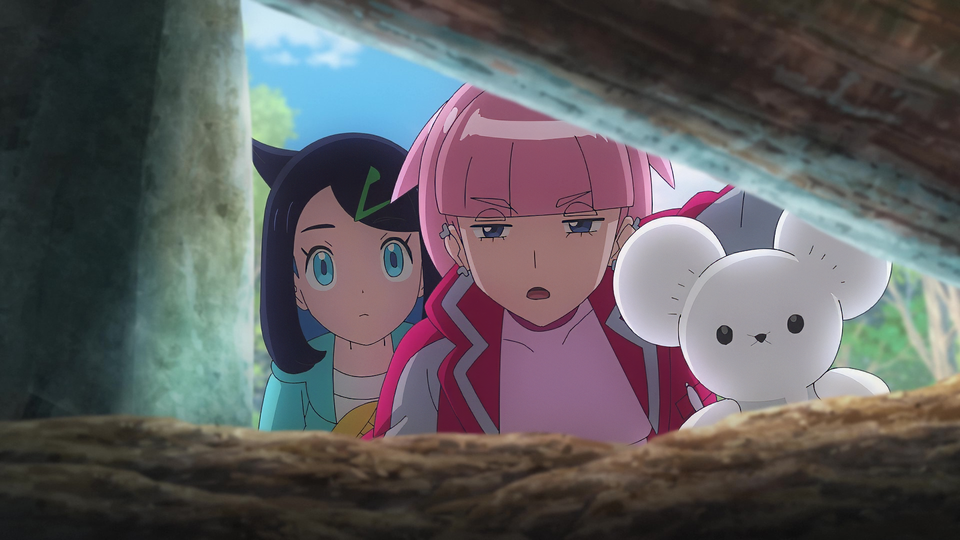 HD wallpaper of Pokémon Horizons: The Series featuring characters Liko and friends peeking from behind a rock.