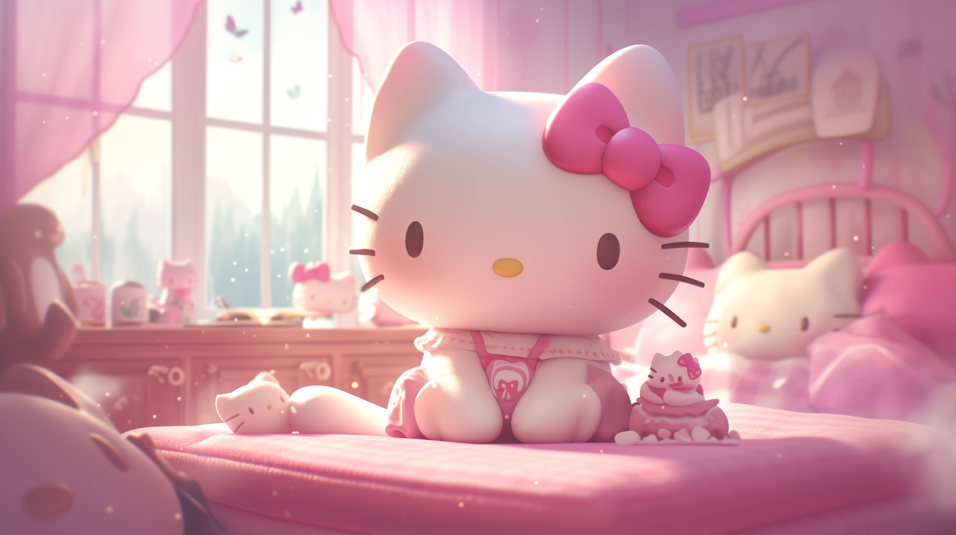 HD Hello Kitty desktop wallpaper featuring a cute pink aesthetic theme with multiple Sanrio characters in a cozy room setting.