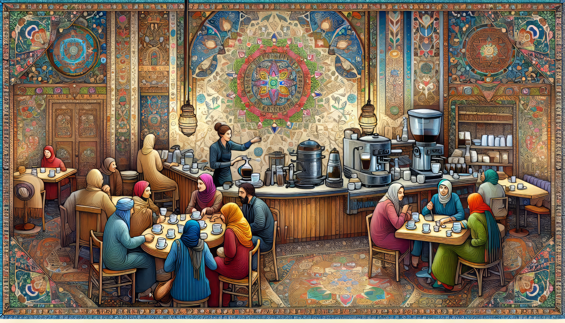 Vibrant HD desktop wallpaper of a bustling coffee shop interior with patrons and detailed mosaic decor.