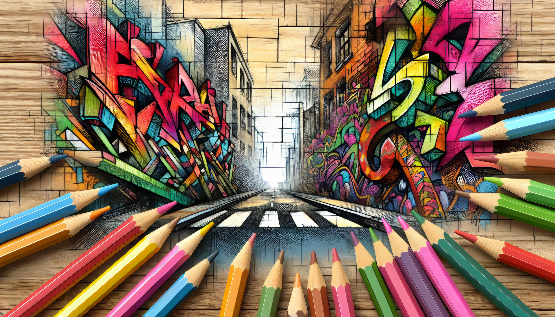 HD desktop wallpaper featuring vibrant graffiti art with an array of colored pencils in the foreground.