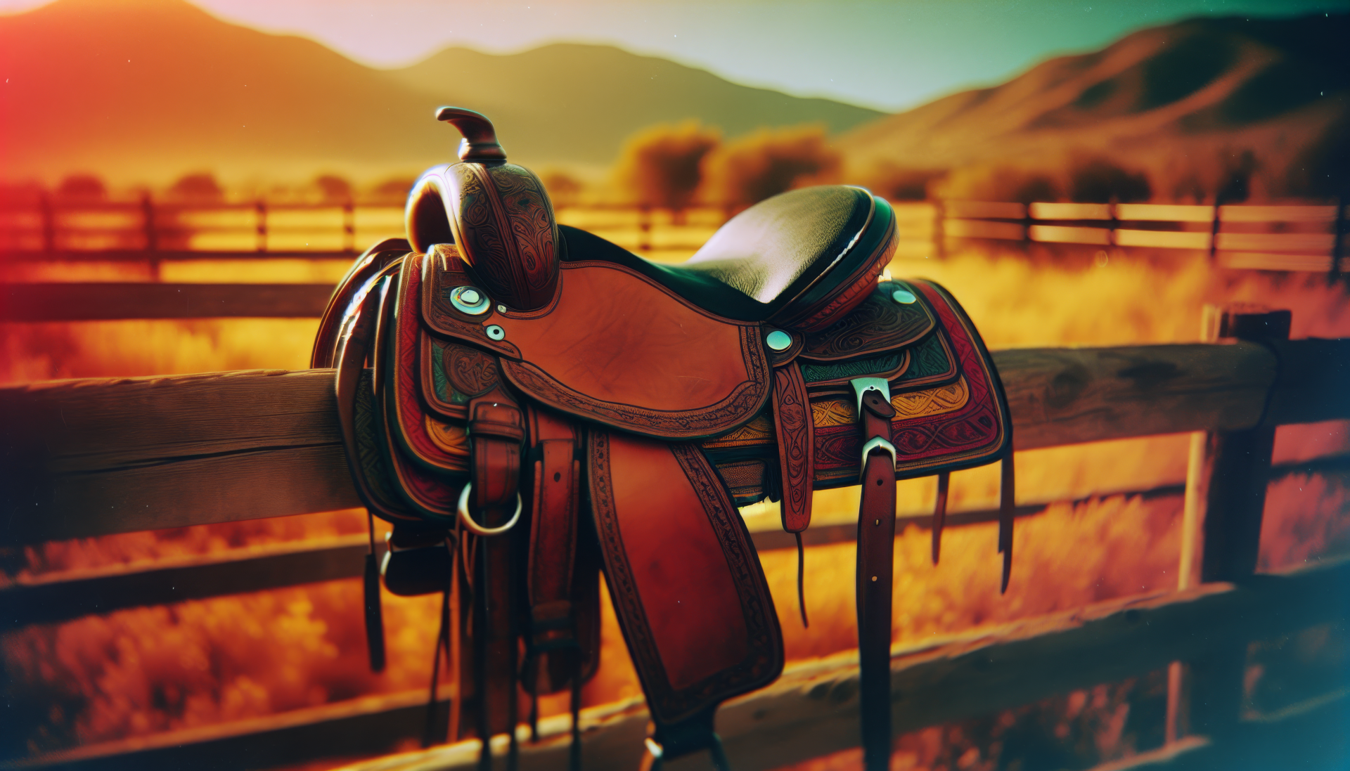HD Wallpaper of a leather saddle on a fence with a sunset and mountains in the background.