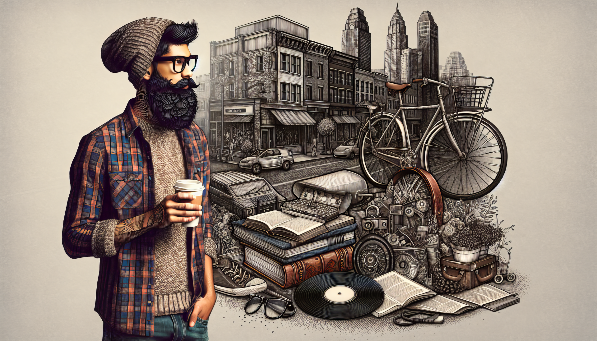 Hipster man with coffee and vintage items HD desktop wallpaper.