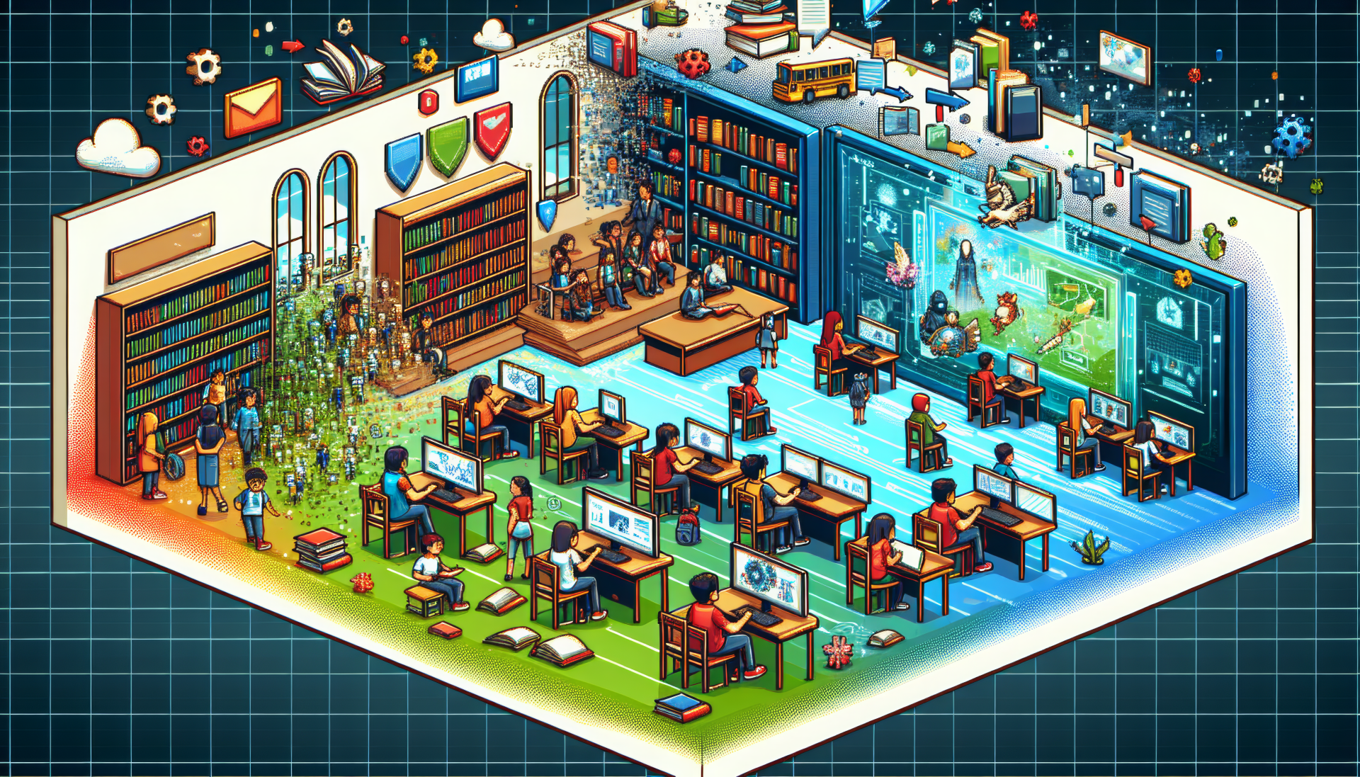 Vibrant isometric illustration of a modern educational setting with students studying and interacting in a classroom for HD desktop wallpaper and background, tagged with Education.