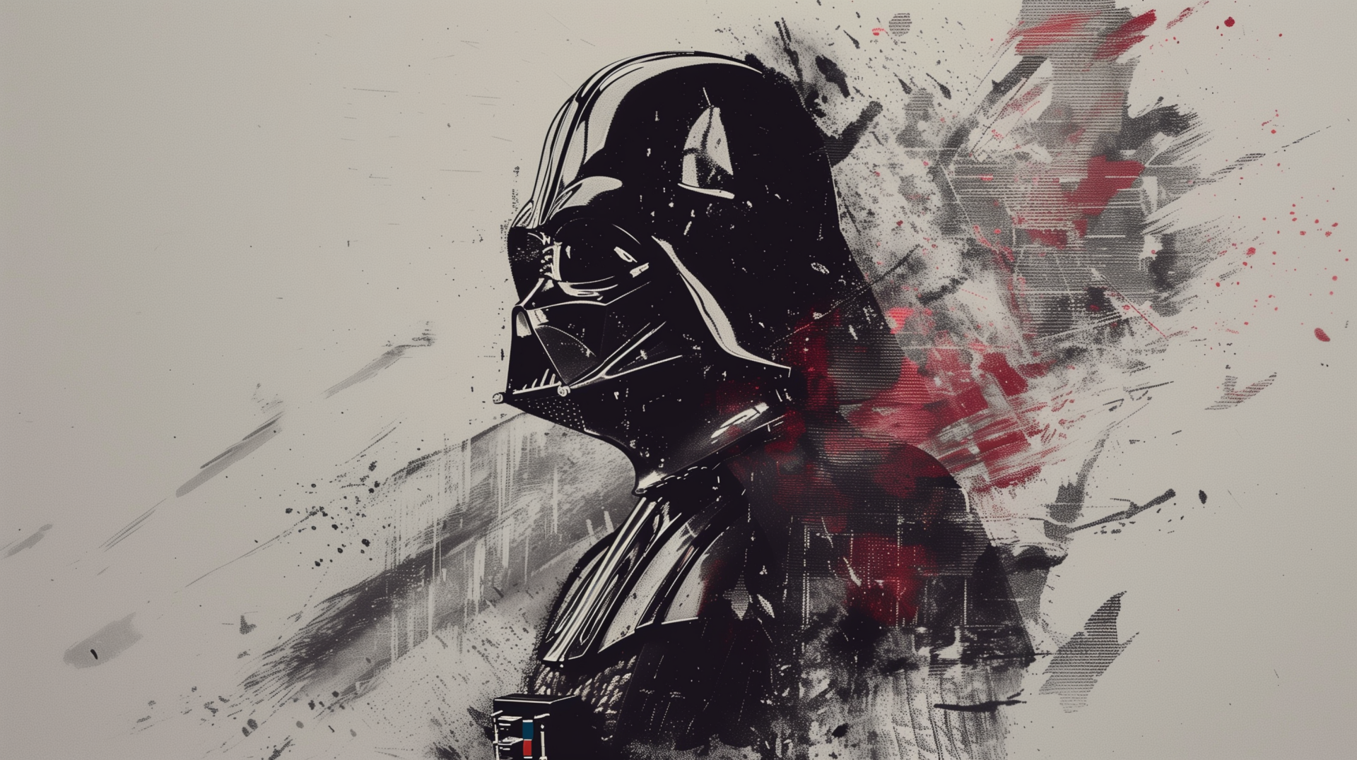 HD desktop wallpaper featuring an artistic rendition of Darth Vader from Star Wars with abstract splashes of red and black.