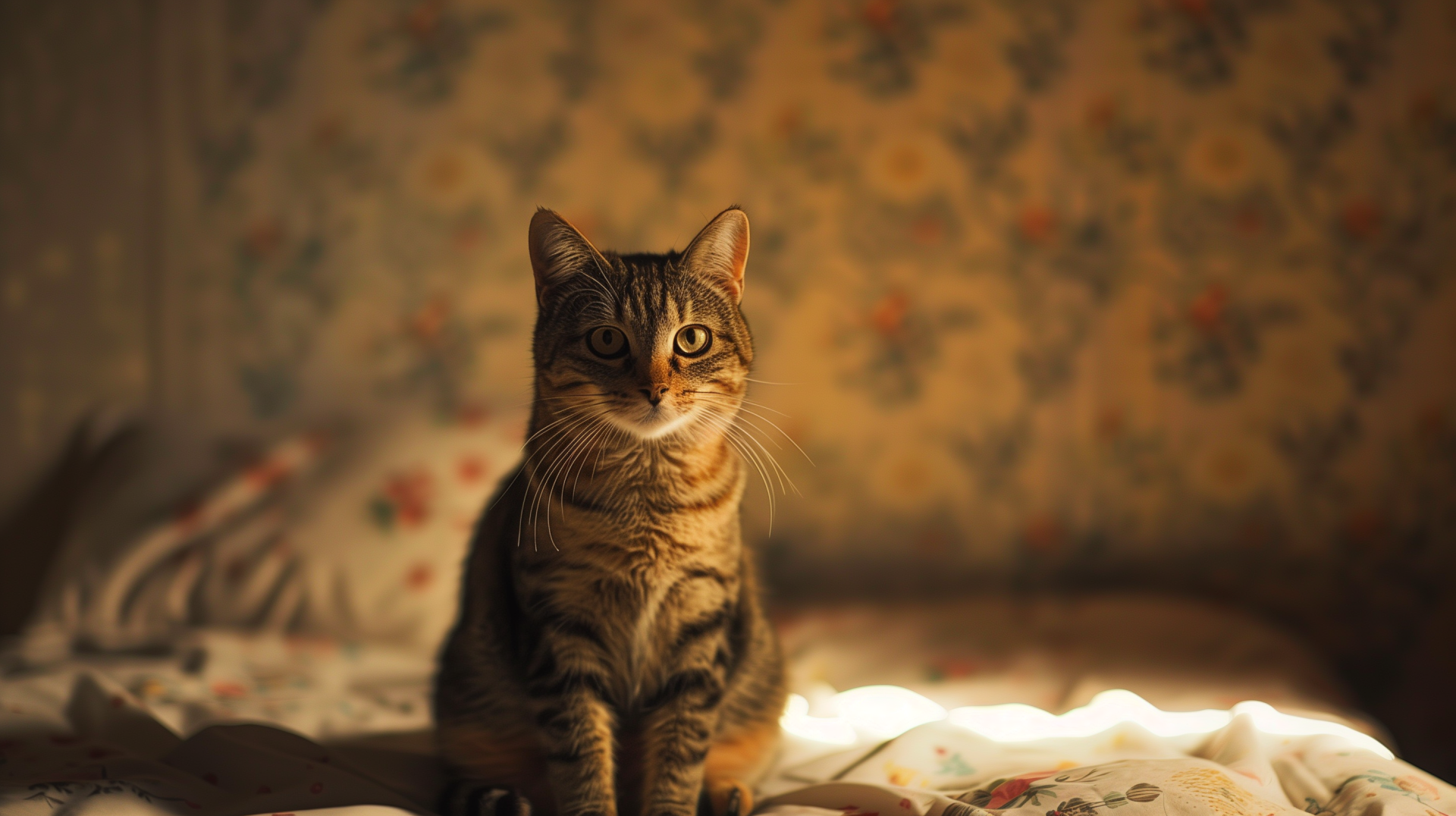 A serene cat sits gracefully on a patterned bedspread, bathed in warm light, creating a cozy atmosphere. This image serves as an HD desktop wallpaper option for cat lovers.