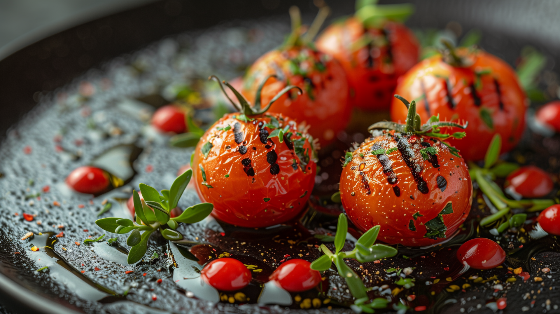 A vibrant HD desktop wallpaper featuring grilled cherry tomatoes garnished with herbs, arranged beautifully on a dark plate with a drizzle of balsamic.