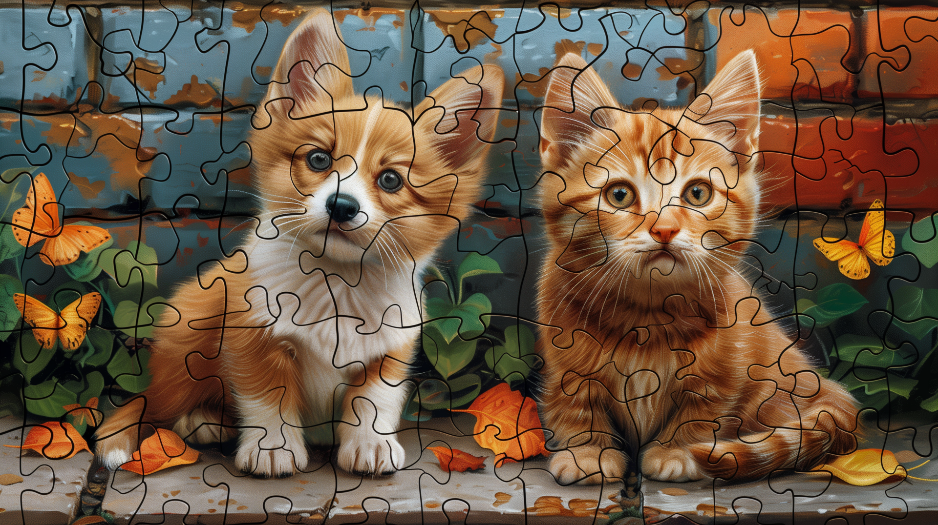 HD desktop wallpaper of a puzzle featuring an adorable puppy and kitten surrounded by autumn leaves.