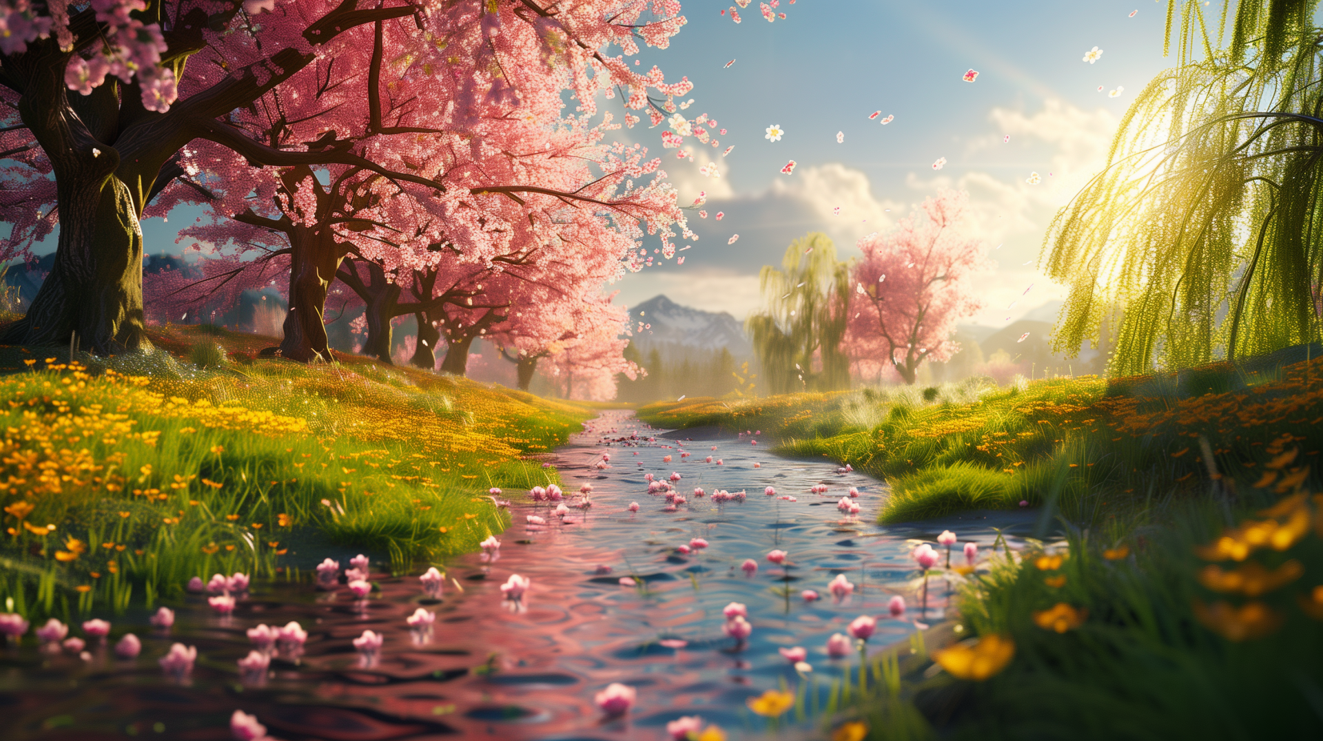 HD spring desktop wallpaper featuring a serene stream surrounded by blooming pink cherry trees with petals floating on water.
