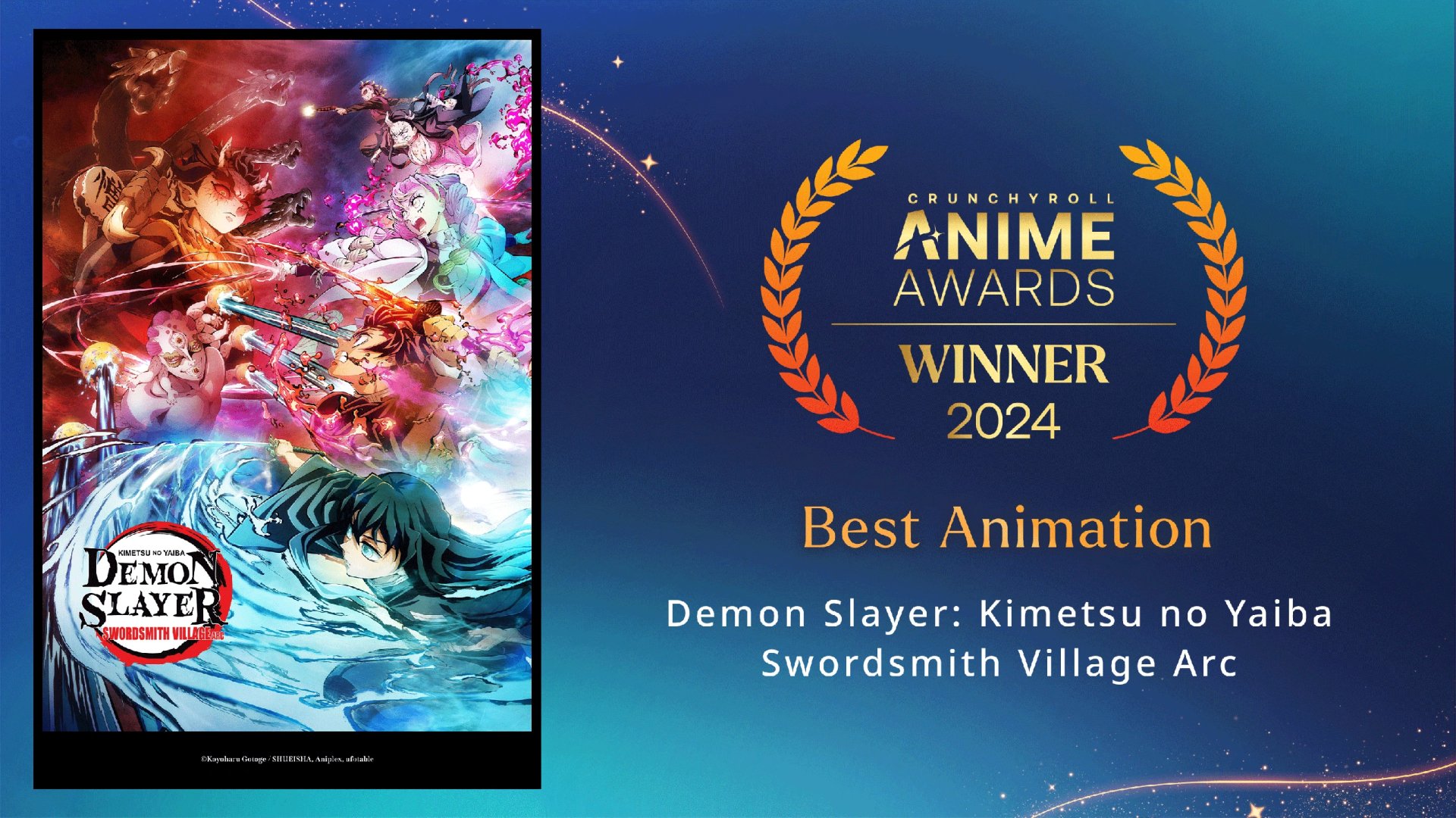 HD PC desktop wallpaper featuring dynamic anime characters from Demon Slayer: Kimetsu no Yaiba, Swordsmith Village Arc, celebrating its 2024 Best Animation Anime Award win.