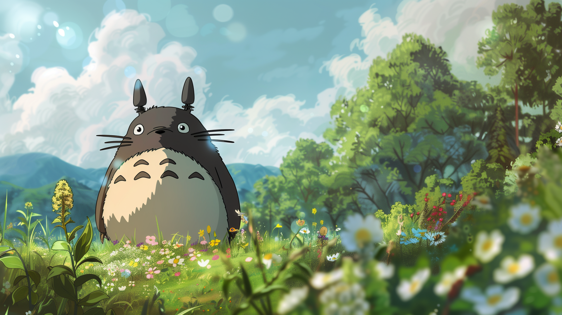 A vibrant HD wallpaper featuring Totoro from My Neighbor Totoro, surrounded by lush greenery and colorful flowers under a bright sky, capturing the whimsical essence of Studio Ghibli.