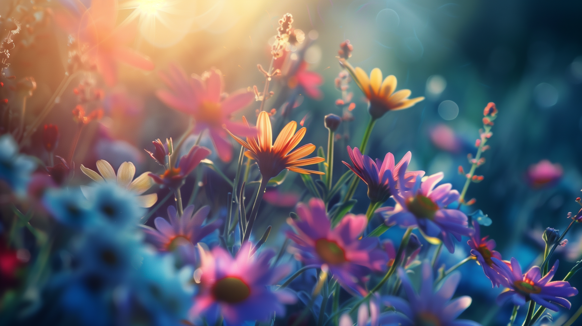 A vibrant spring scene featuring a variety of colorful flowers, illuminated by warm sunlight, creates a beautiful HD desktop wallpaper and background.