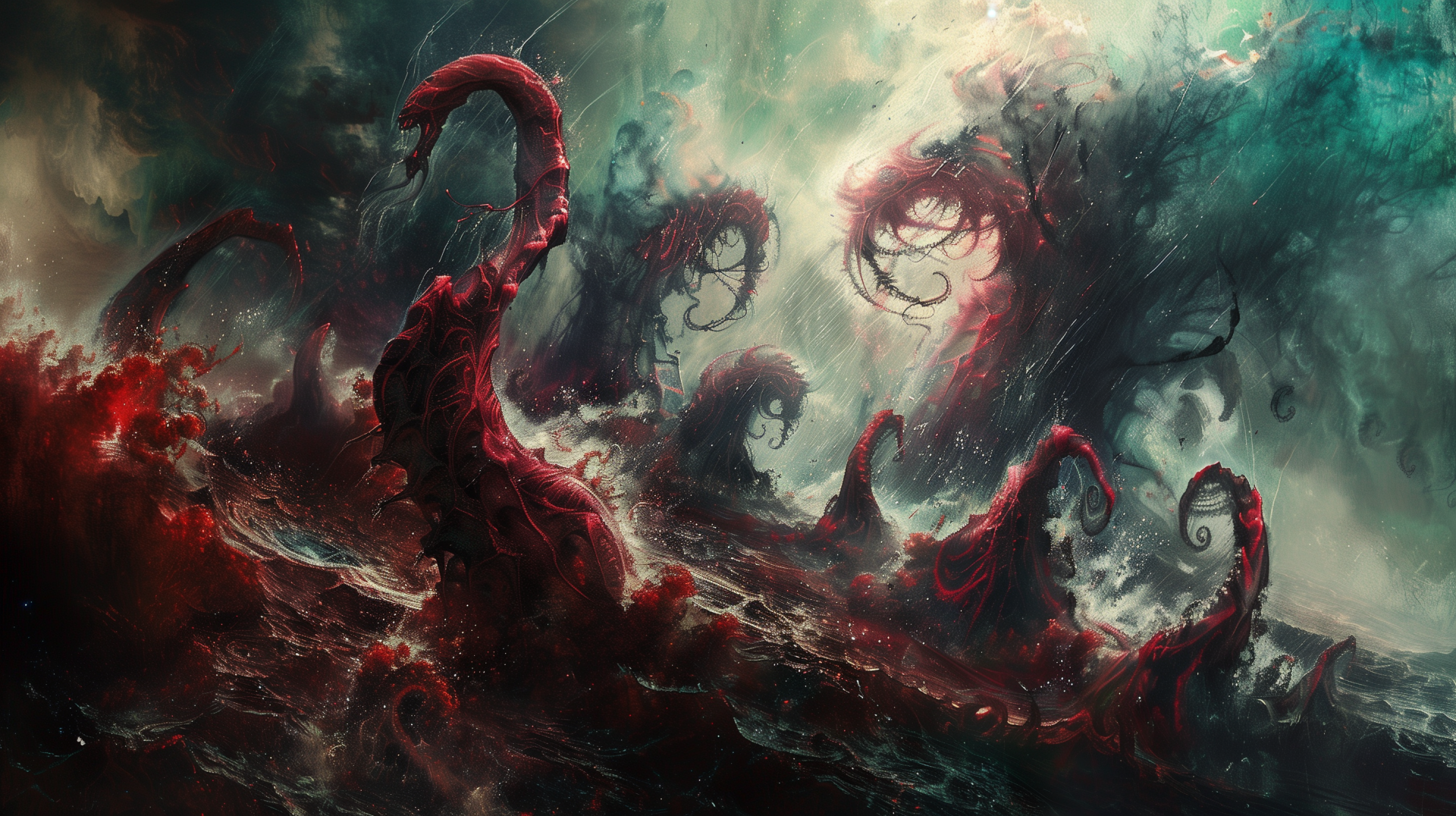 HD desktop wallpaper featuring a dynamic fantasy art scene with swirling red tentacles and a surreal, stormy background.