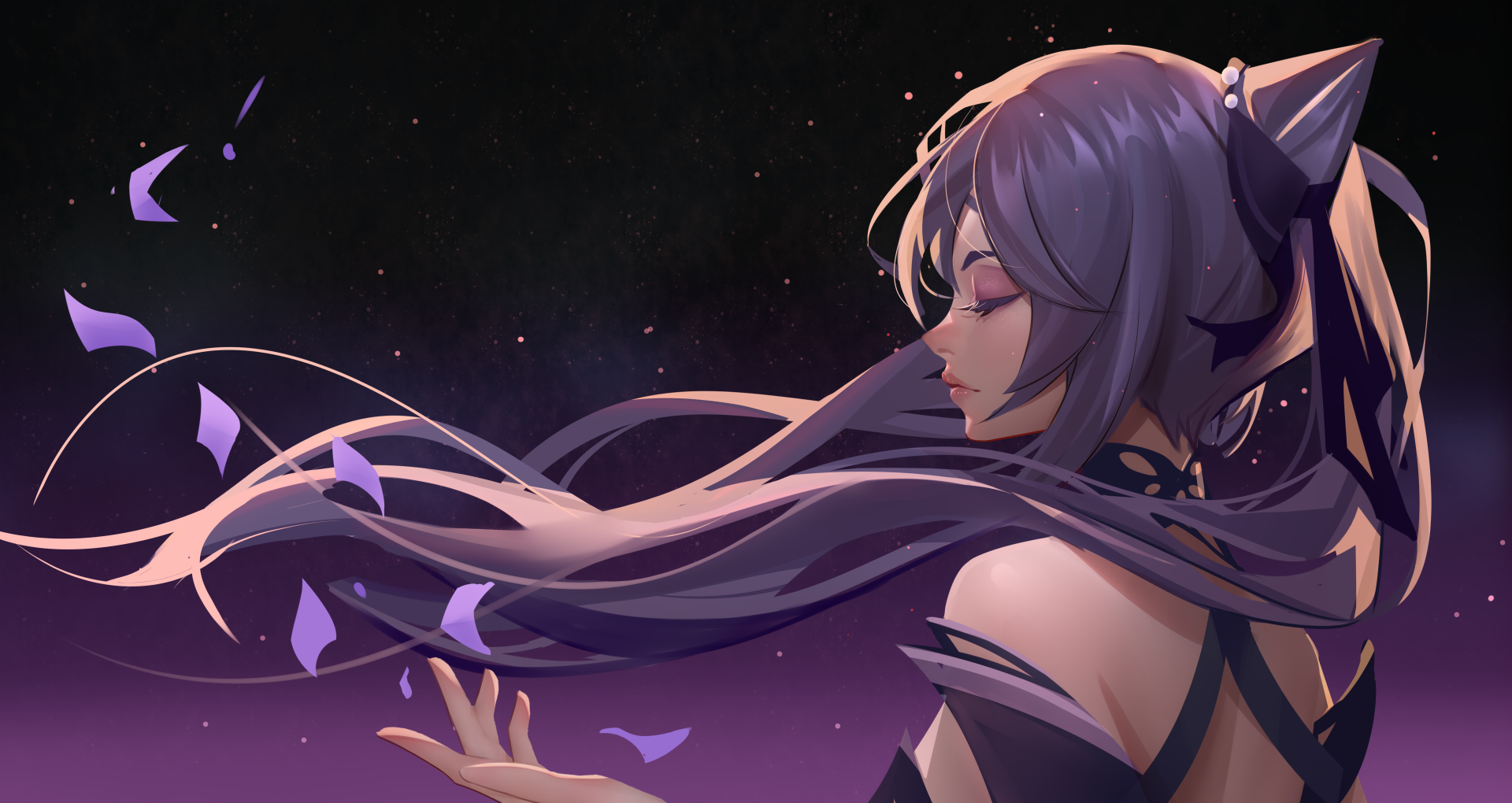 HD PC desktop wallpaper featuring Keqing from Genshin Impact with flowing purple hair against a dark, starry background.