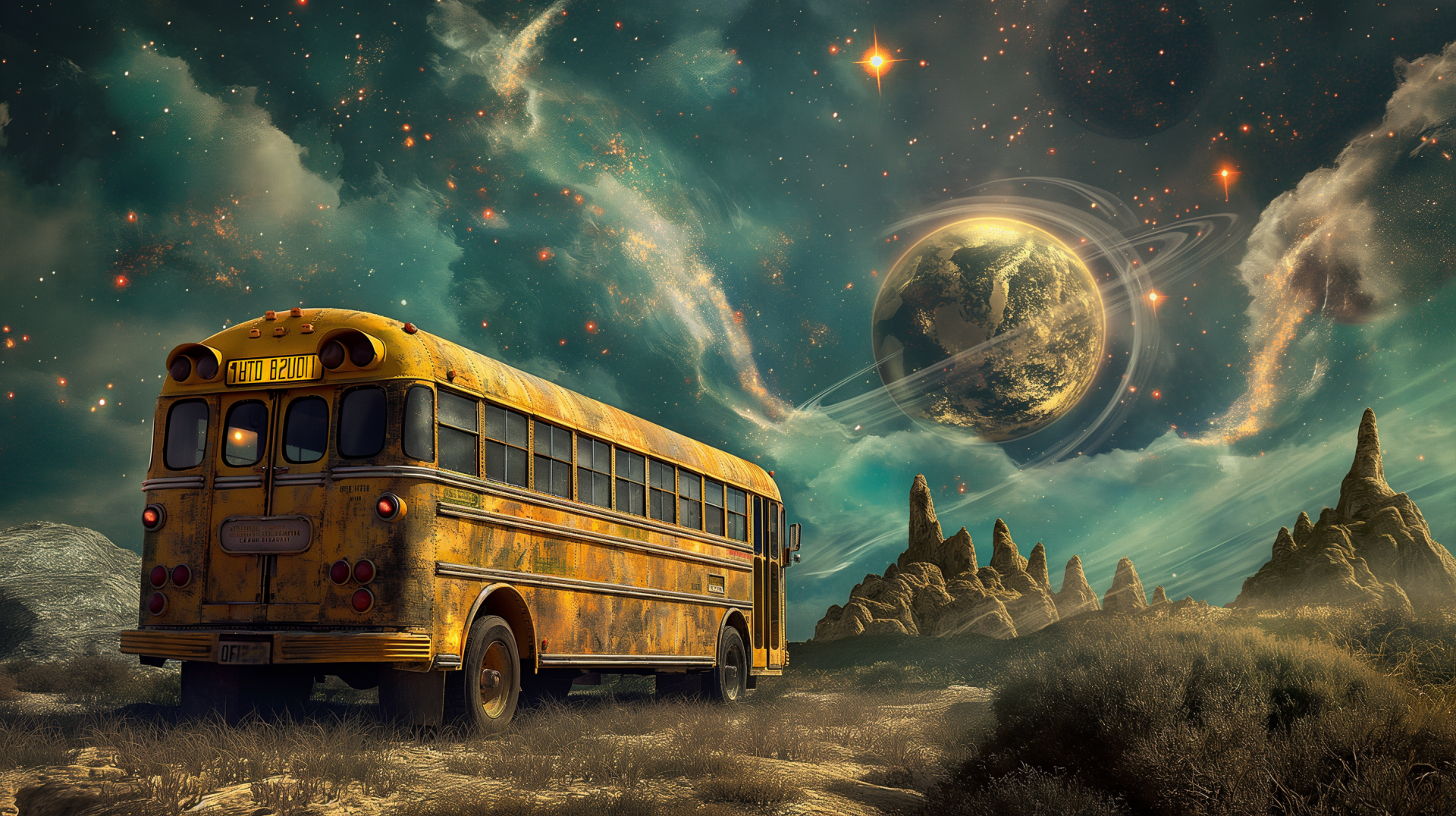 School bus on alien planet with rings HD desktop wallpaper.
