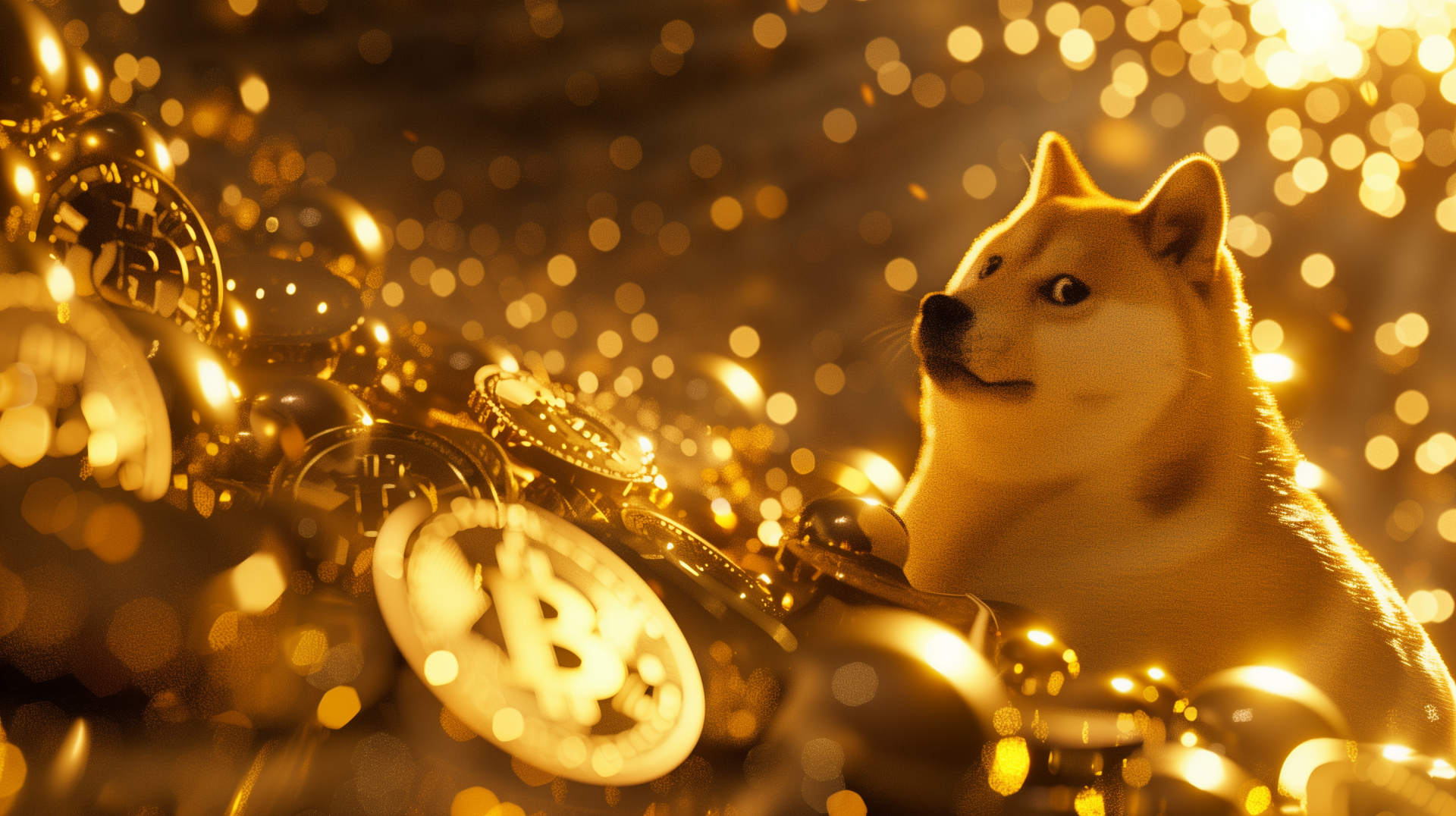HD wallpaper featuring a humorous Shiba Inu, reminiscent of the Doge meme, among golden cryptocurrency coins with a shimmering, bokeh background.