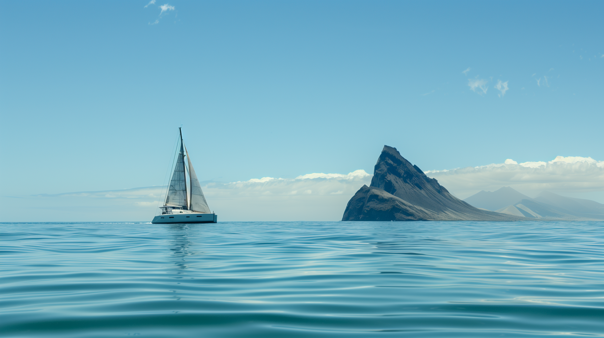 HD wallpaper featuring a catamaran sailing the ocean near an island with a prominent peak under a clear blue sky.