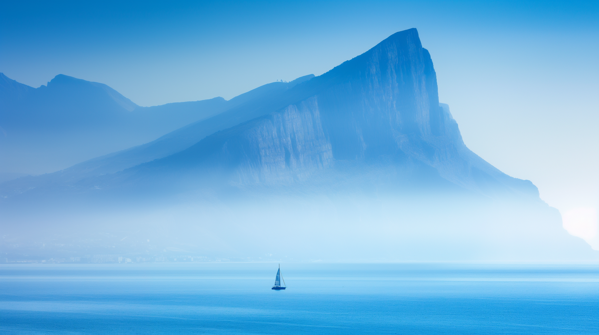 HD wallpaper featuring a serene catamaran sailing near a mist-covered island on a calm blue ocean.