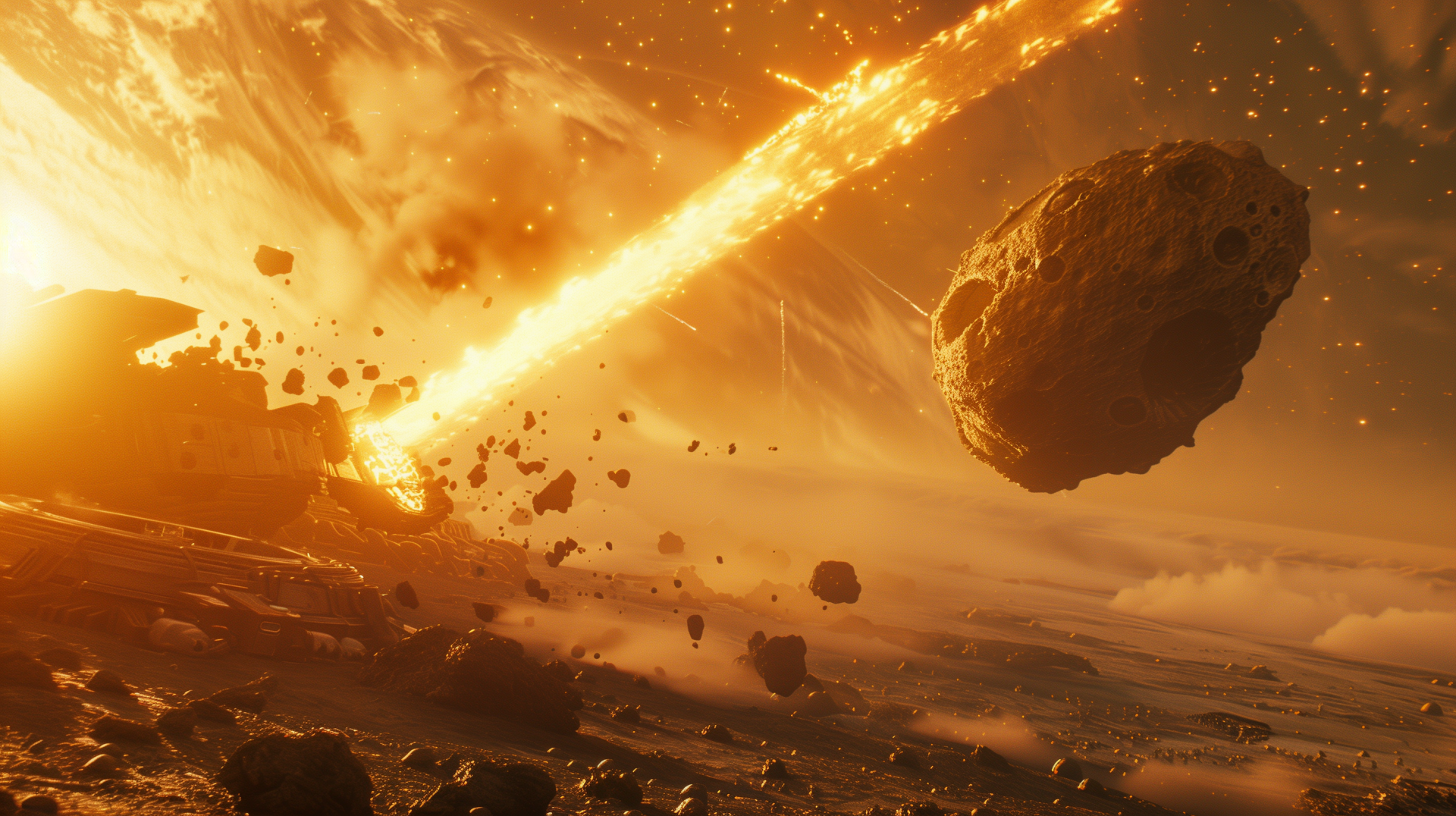 A stunning HD wallpaper depicting a dramatic meteorite impacting a planet, surrounded by flying debris and a fiery sky, capturing the intensity of cosmic events.