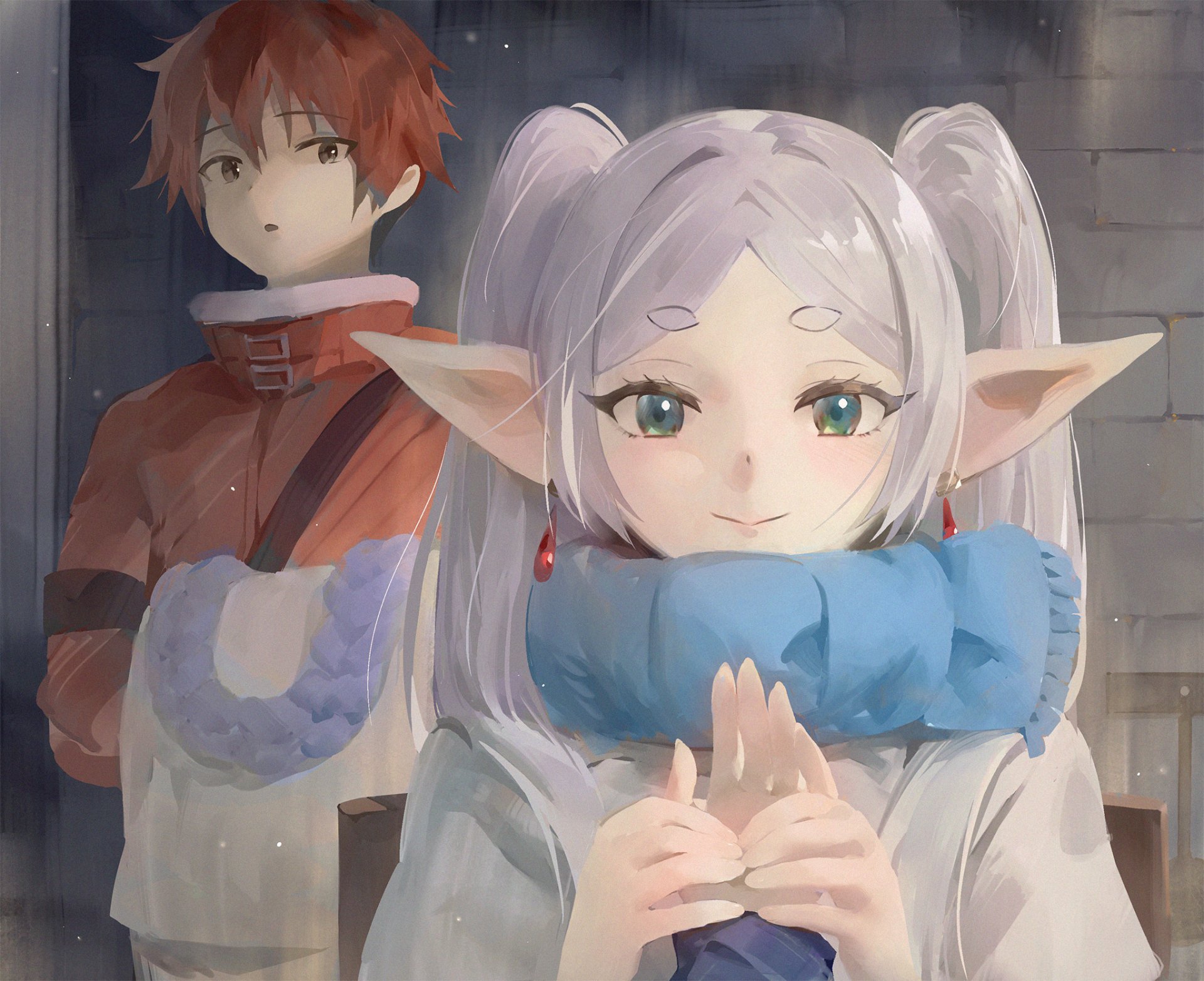 HD anime desktop wallpaper featuring Frieren and Stark from Frieren: Beyond Journey's End, capturing their distinctive looks and gentle expressions.