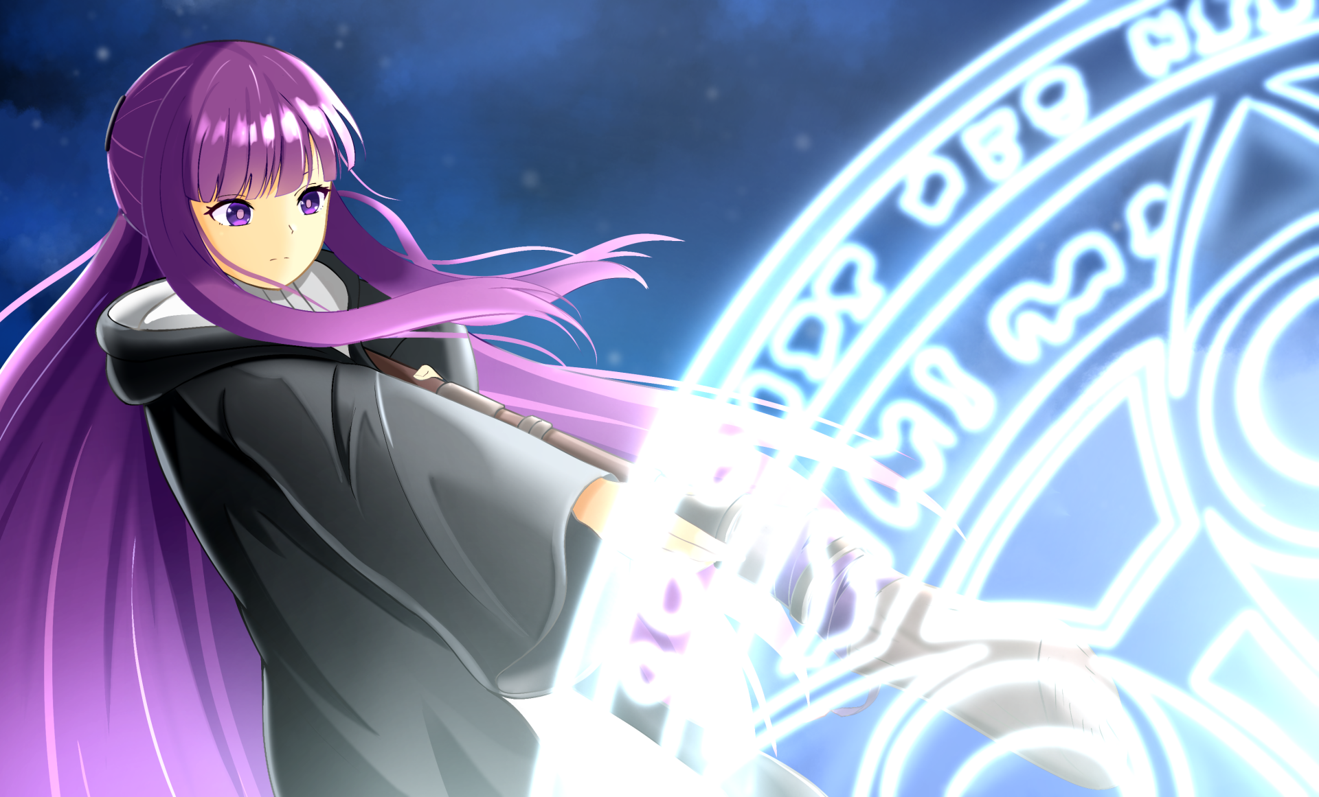 Fern from Frieren: Beyond Journey's End, purple-haired mage conjuring a radiant magic circle against a starry blue sky — 2K Quad HD anime PC desktop wallpaper.