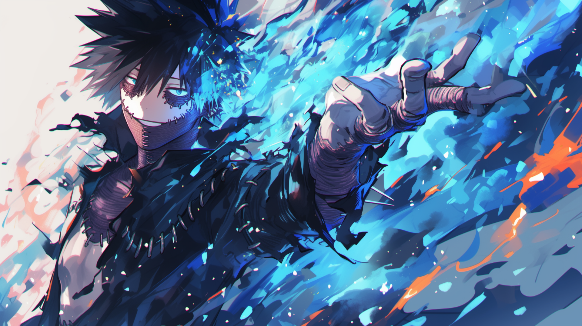 Dabi from My Hero Academia is portrayed dramatically in this HD anime wallpaper, featuring vibrant blue flames and an intense pose, capturing his fierce character.
