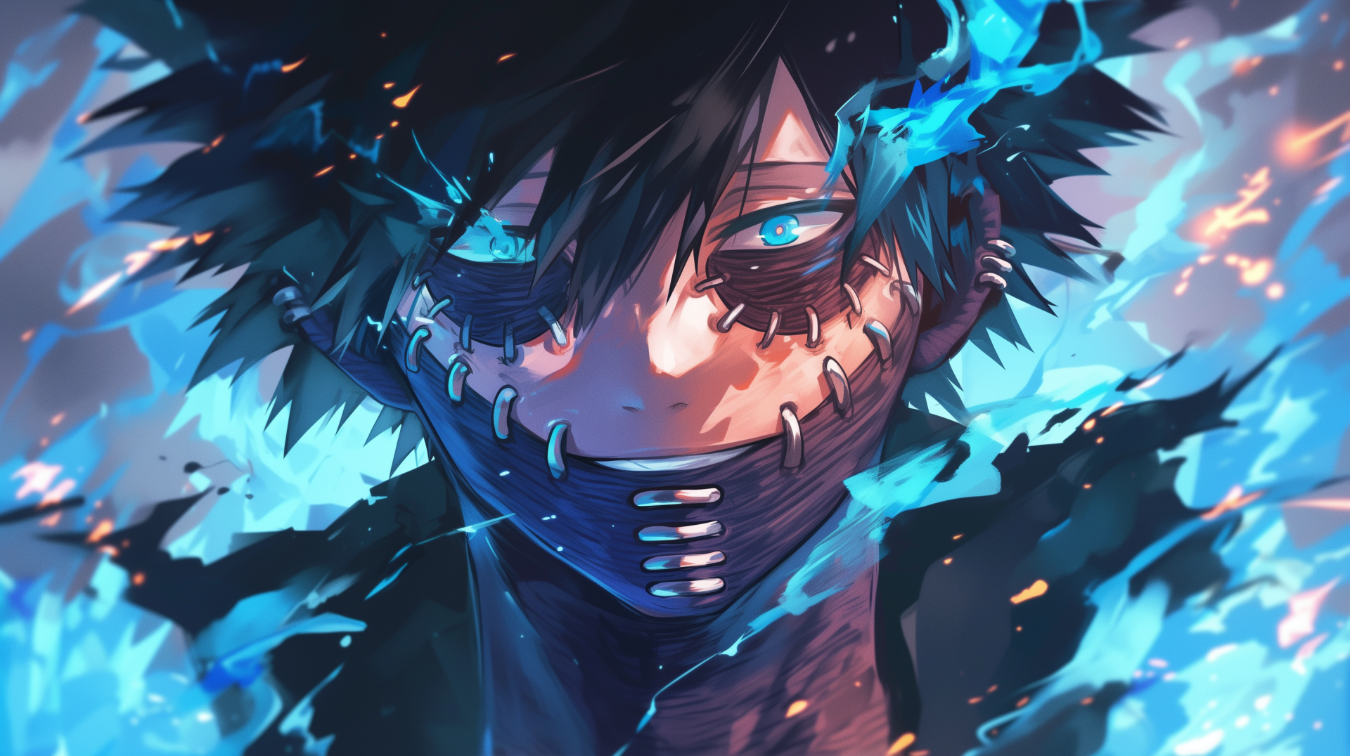 A vibrant HD wallpaper featuring Dabi from My Hero Academia, showcasing his striking blue flames and intricate facial scars, capturing the intensity and depth of the character.