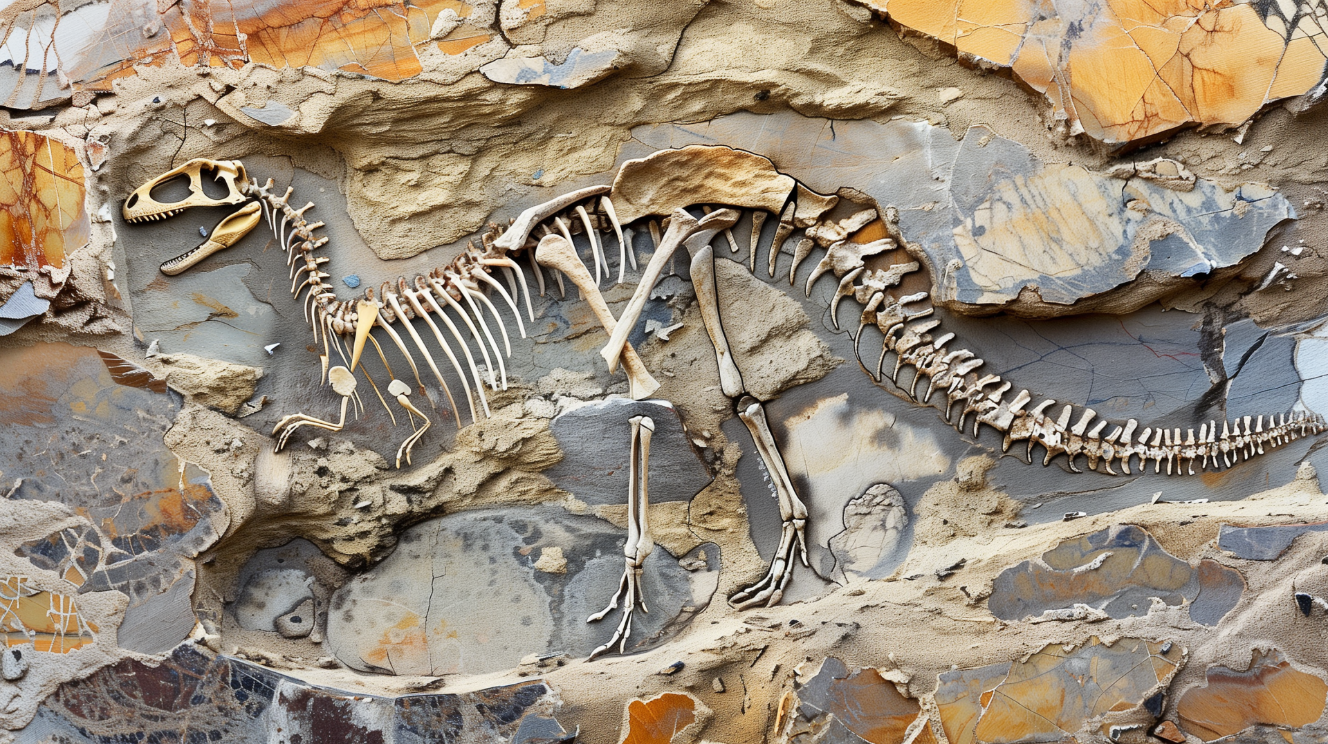 A detailed fossil of a dinosaur skeleton embedded in rocky layers, showcasing intricate bone structures against a textured background. A striking HD desktop wallpaper.