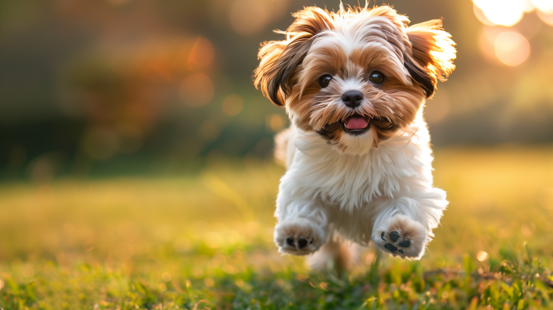 A joyful Shih Tzu puppy bounding towards the camera on a grassy field, with the warm glow of sunlight creating a charming HD desktop wallpaper background.