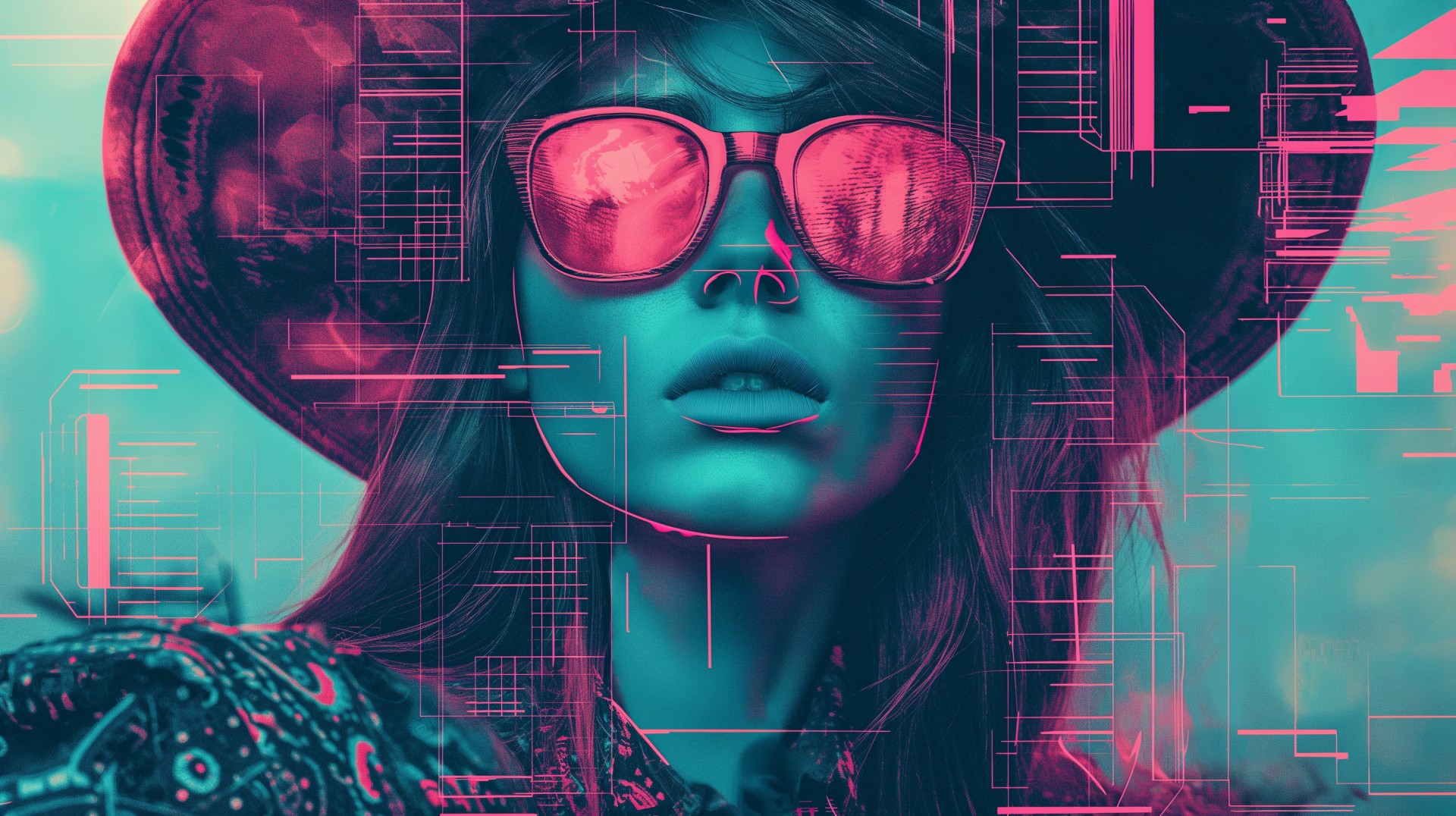 Stylish hipster girl with sunglasses in a vibrant HD desktop wallpaper featuring abstract graphics and cool tones.
