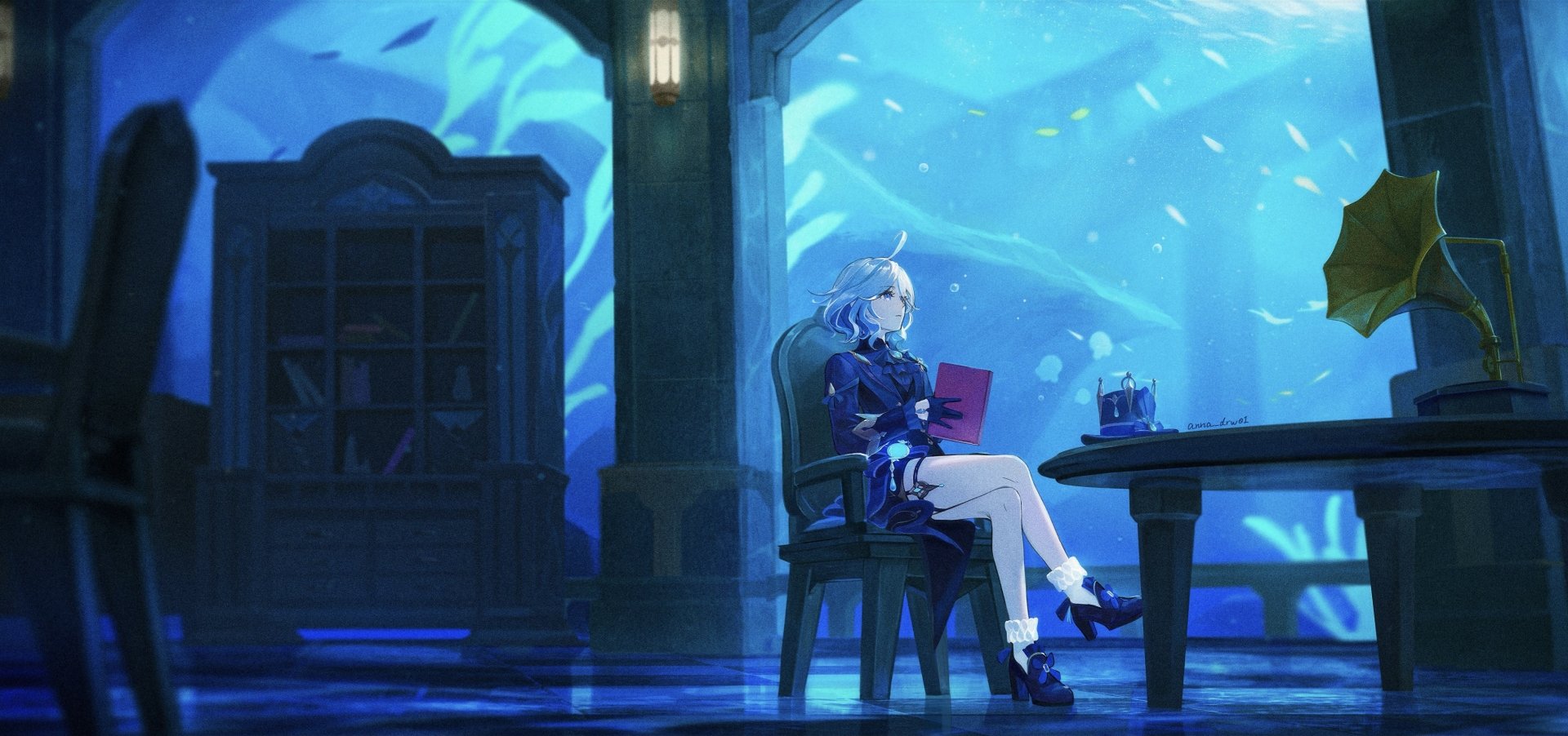 HD PC desktop wallpaper featuring Furina from Genshin Impact, sitting indoors with a book, surrounded by a serene blue underwater-like atmosphere.