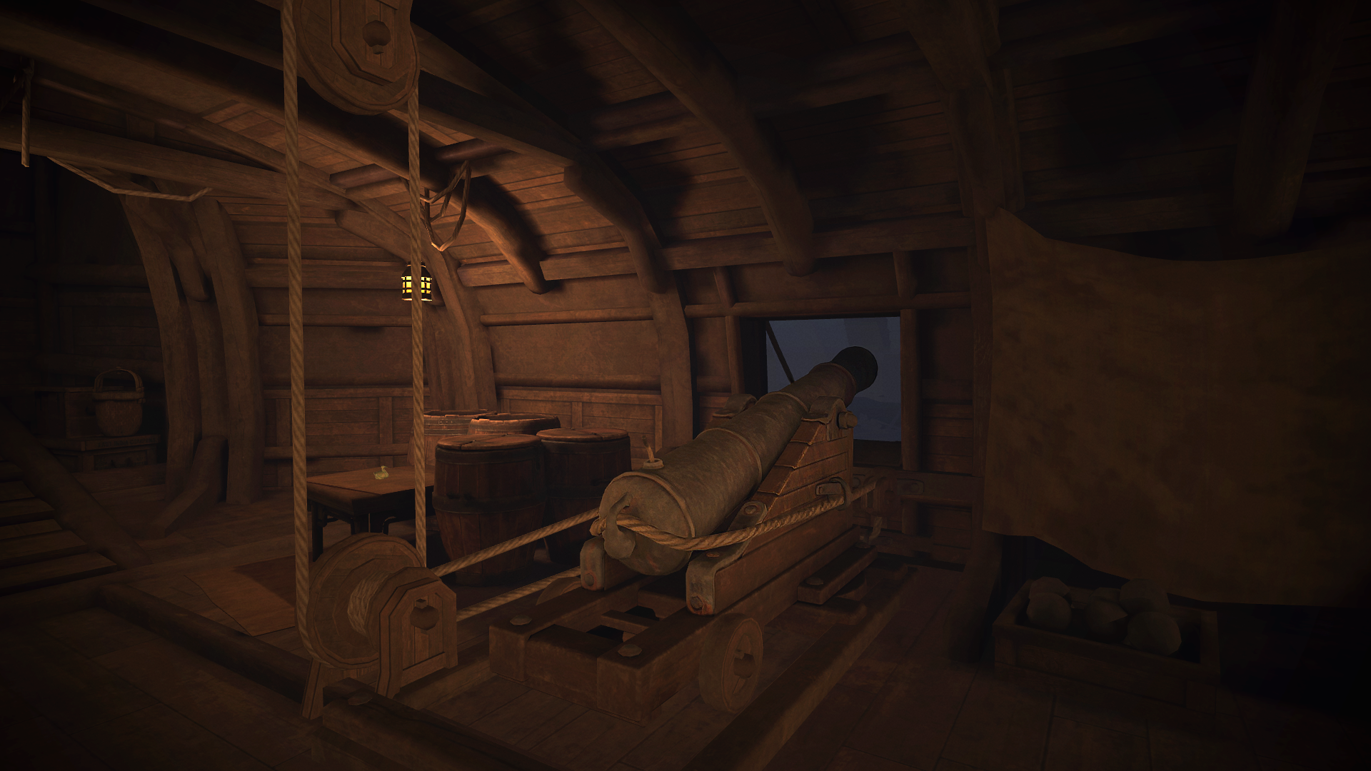 HD desktop wallpaper of 'The Pirate Queen: A Forgotten Legend' video game featuring the interior of a pirate ship with a cannon.