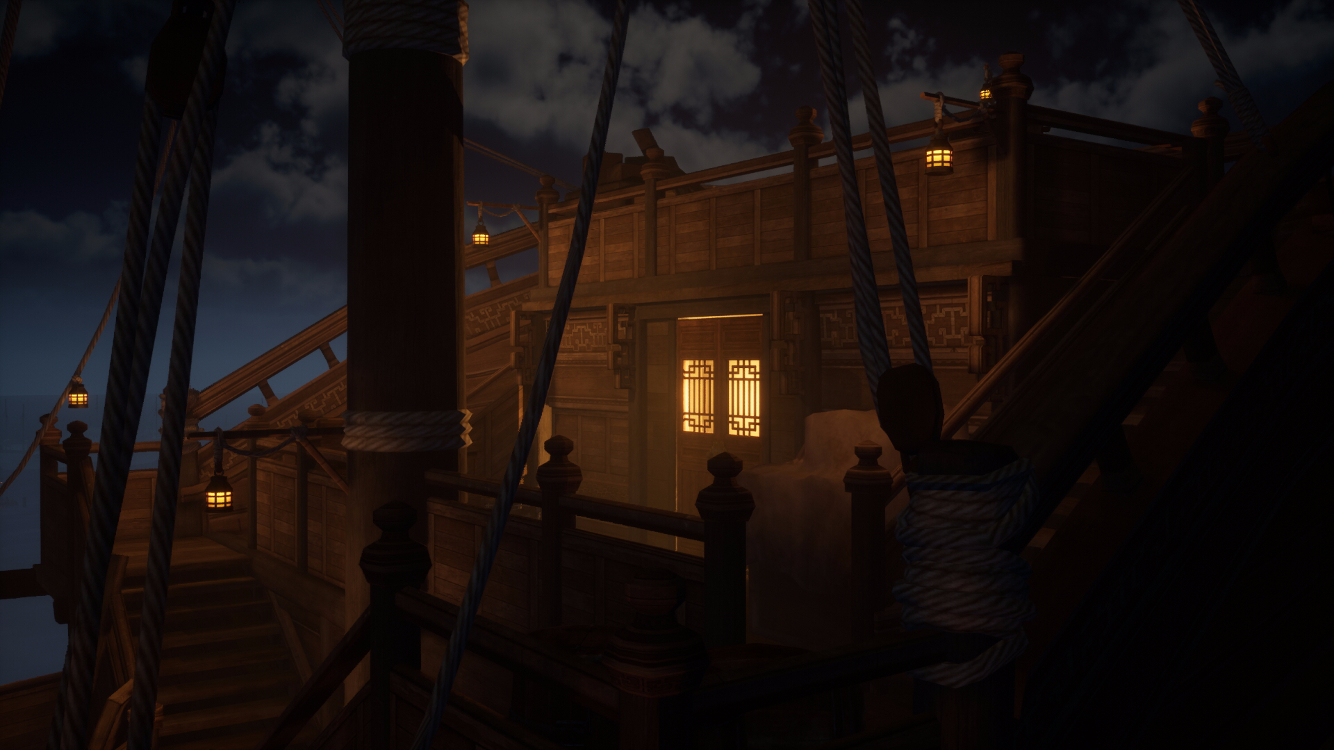 HD wallpaper of The Pirate Queen: A Forgotten Legend video game featuring a dimly lit pirate ship deck at night.