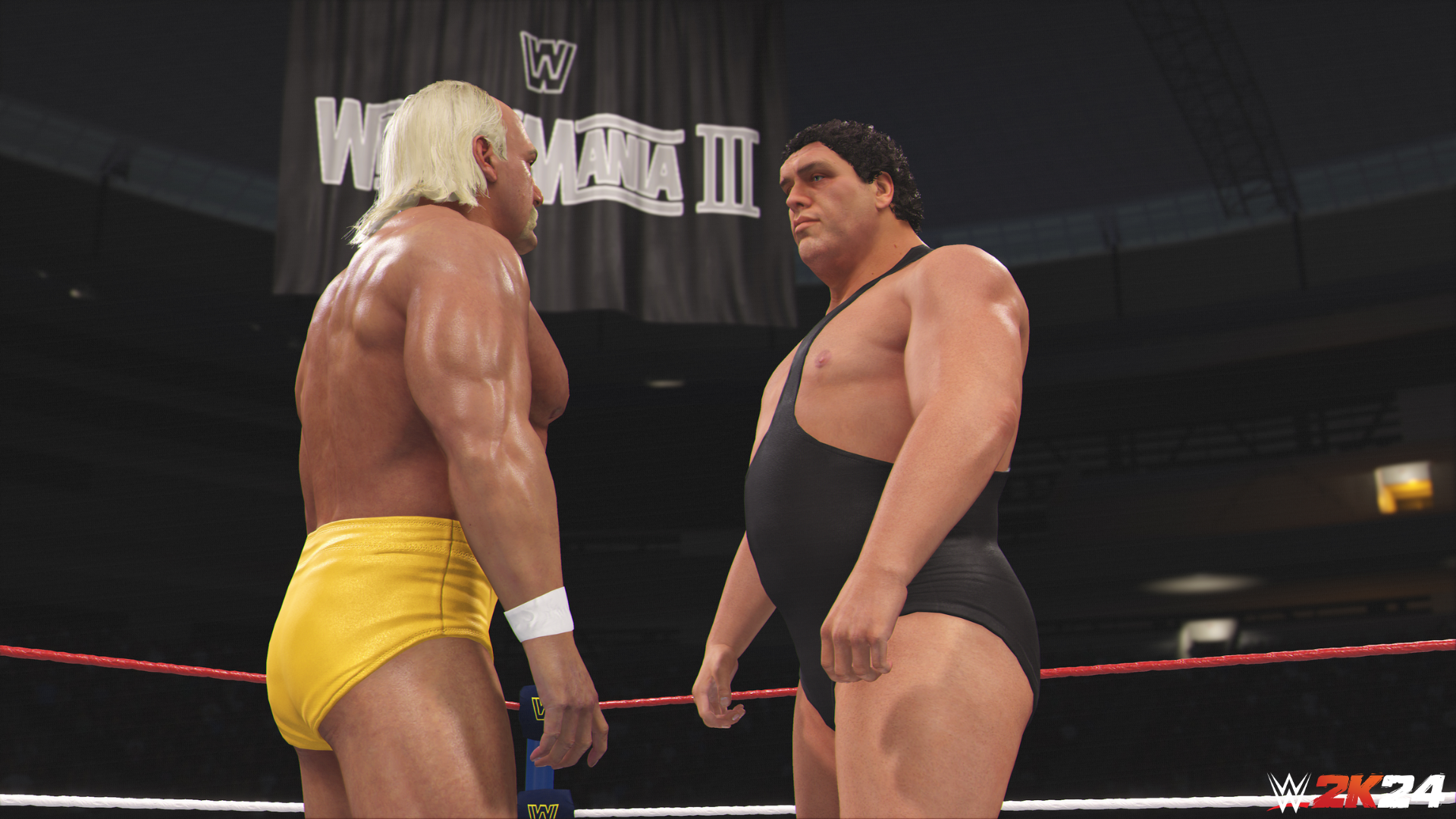 HD wallpaper of WWE 2K24 video game featuring two wrestlers facing off in the ring at WrestleMania III event.