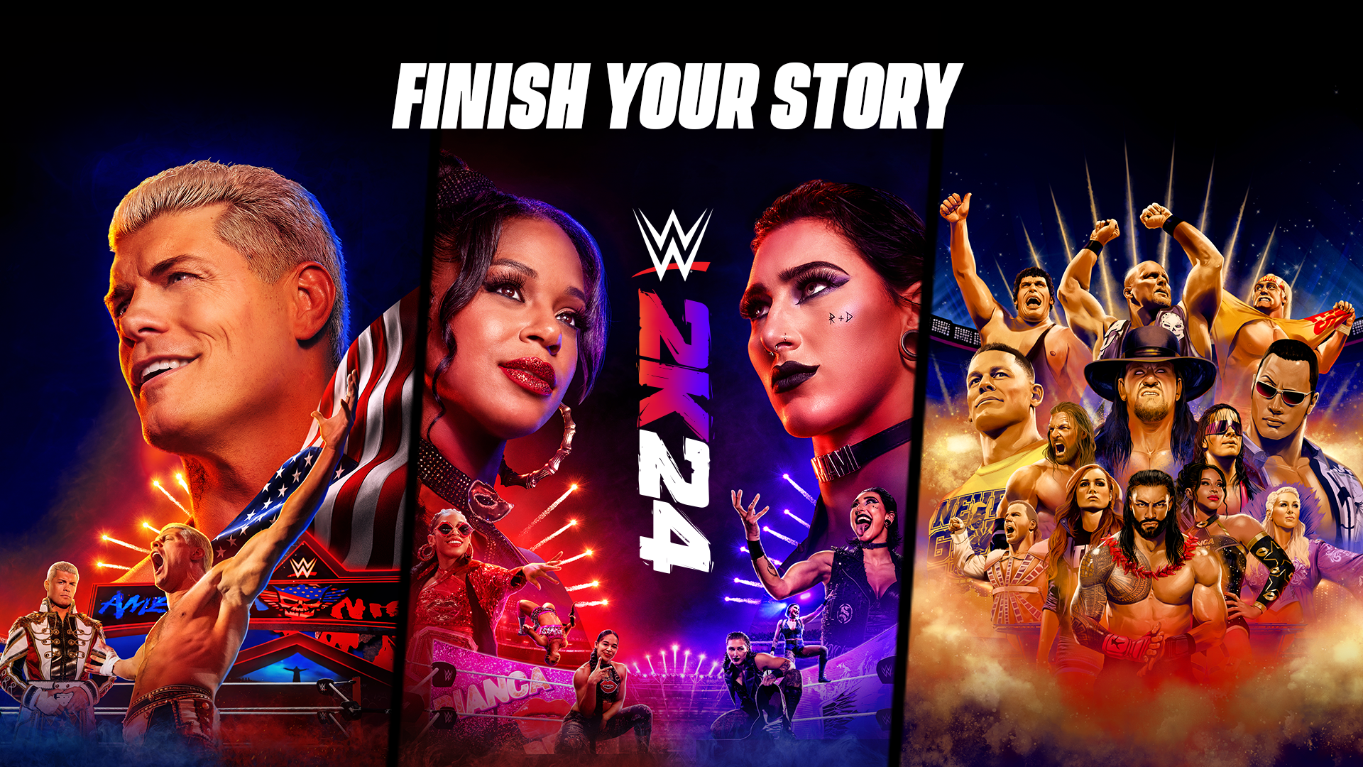 HD desktop wallpaper featuring WWE 2K24 video game with vibrant graphics and the tagline Finish Your Story.