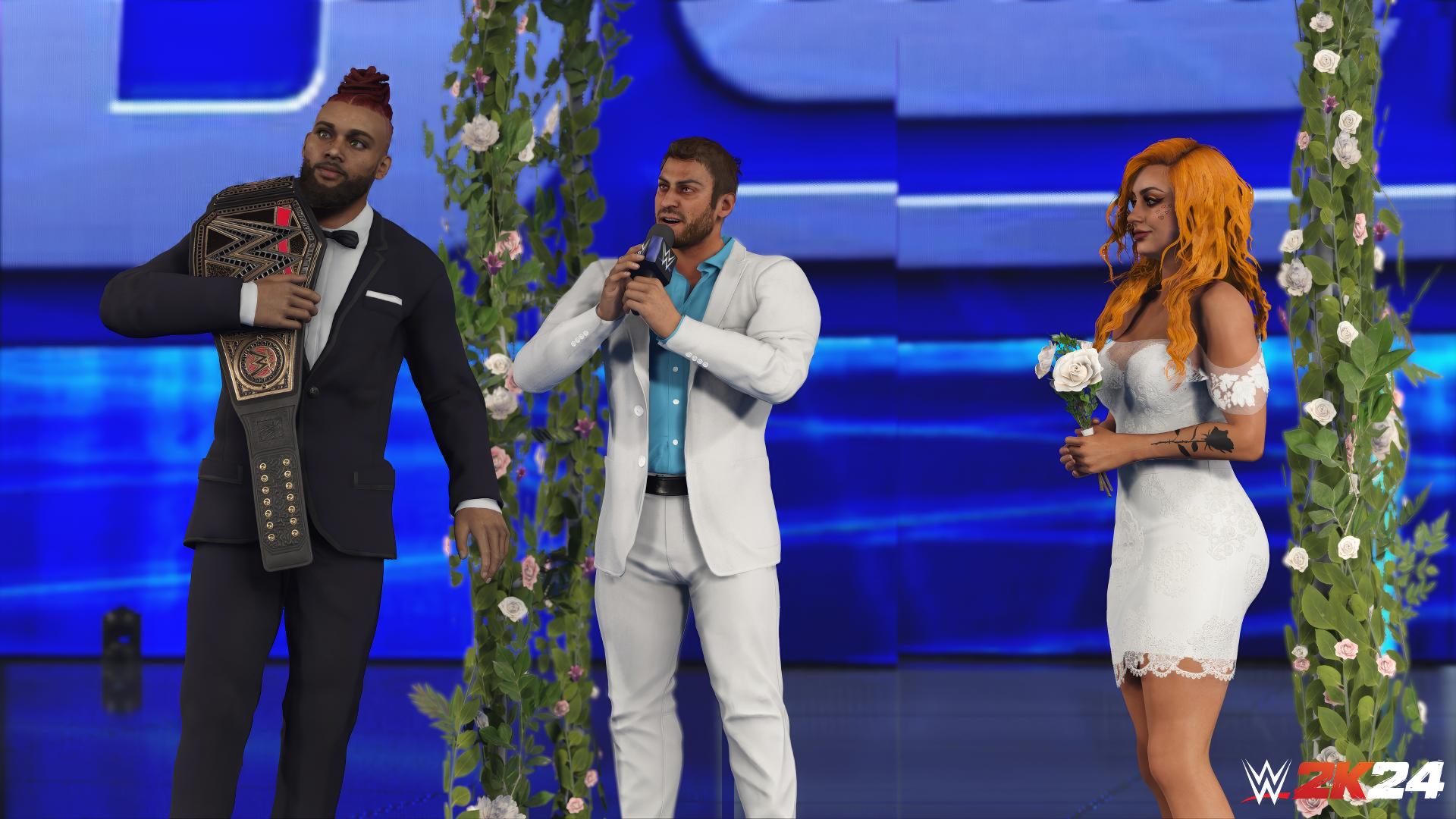 HD wallpaper from WWE 2K24 featuring in-game characters dressed elegantly, with one holding a championship belt and another holding a microphone, against a blue stage backdrop.