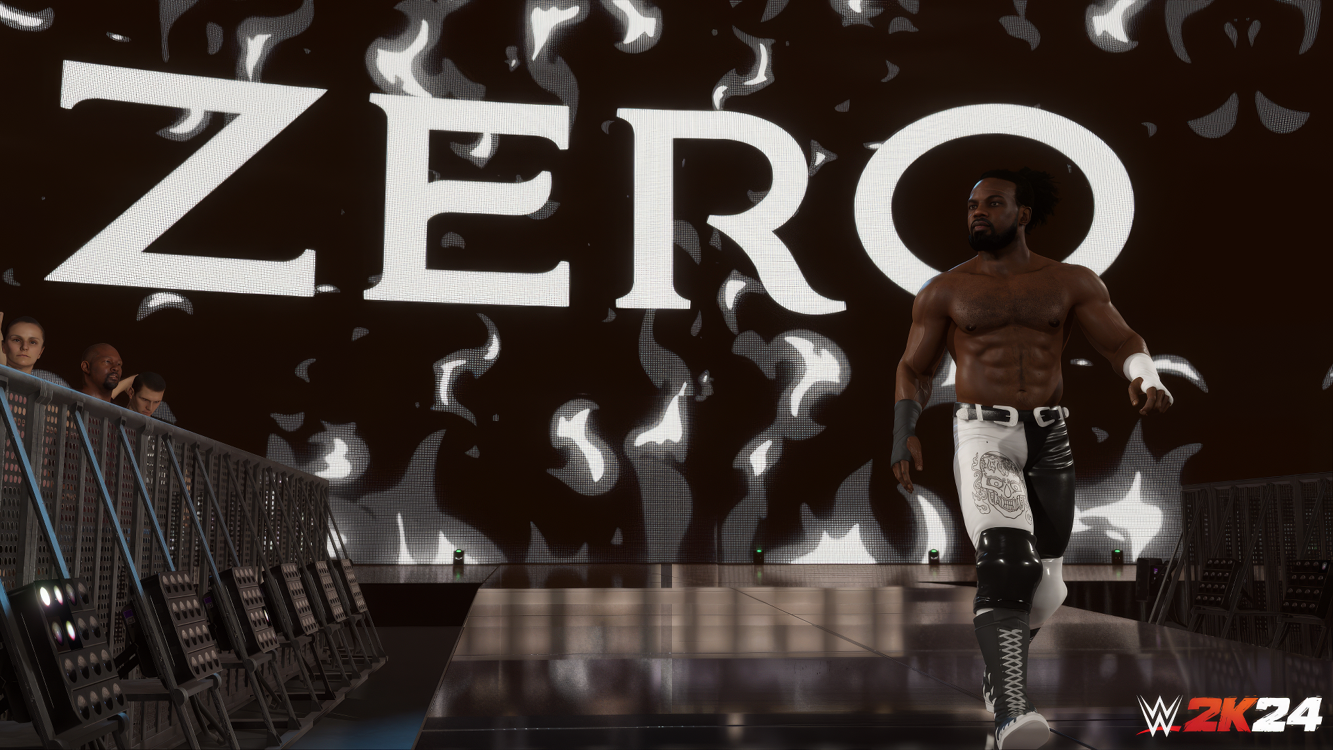HD wallpaper of a WWE 2K24 video game character making an entrance, with ZERO displayed on the screen behind.