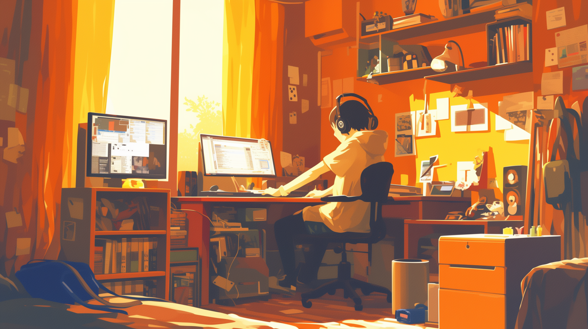 HD wallpaper of a cozy lofi-style study desk with a person working on computers, radiating a warm, inviting atmosphere.