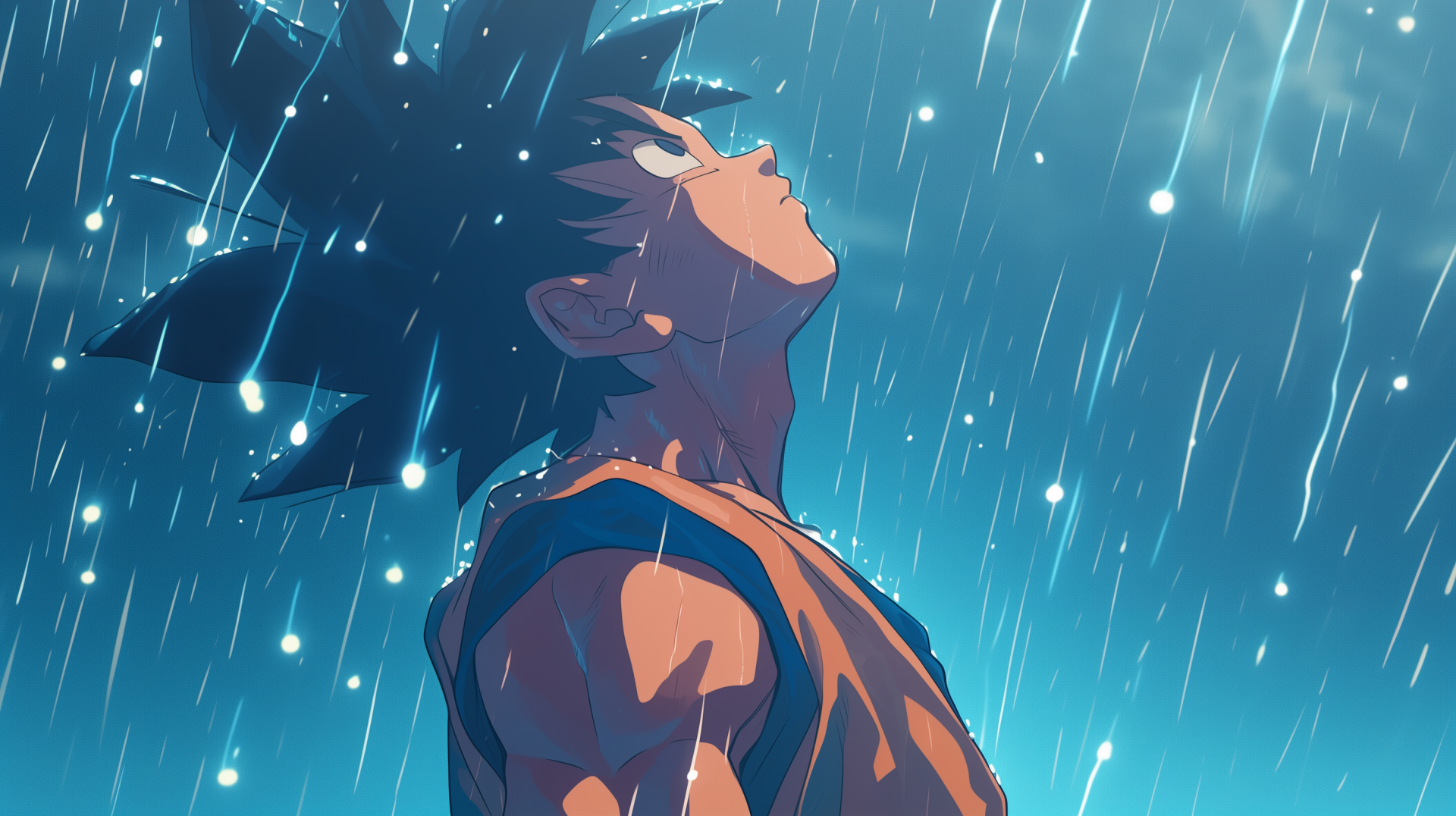 HD desktop wallpaper featuring a contemplative Goku from Dragon Ball Z standing in the rain, capturing a poignant moment from the anime series.