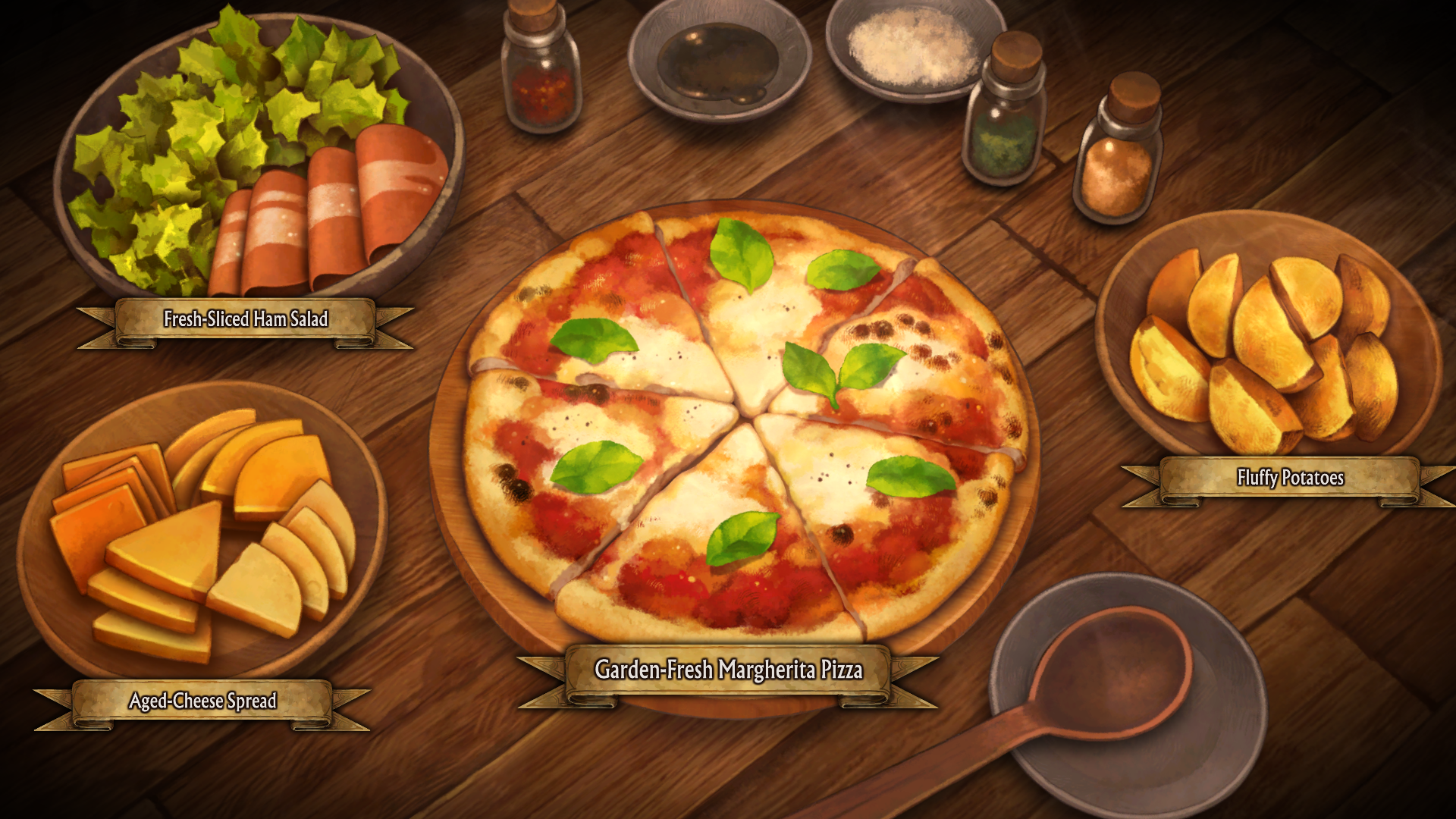 HD desktop wallpaper featuring a deliciously animated video game feast with a Unicorn Overlord themed pizza at the center, surrounded by assorted side dishes on a wooden table.