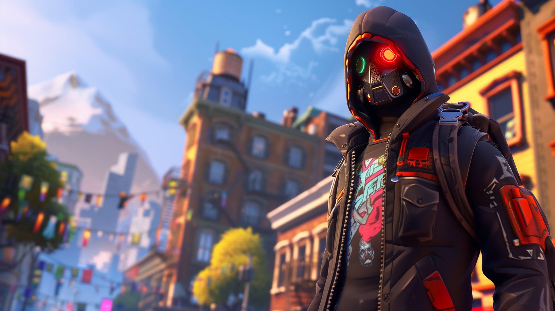 HD Fortnite wallpaper featuring a character with a futuristic mask standing against a vibrant cityscape background.