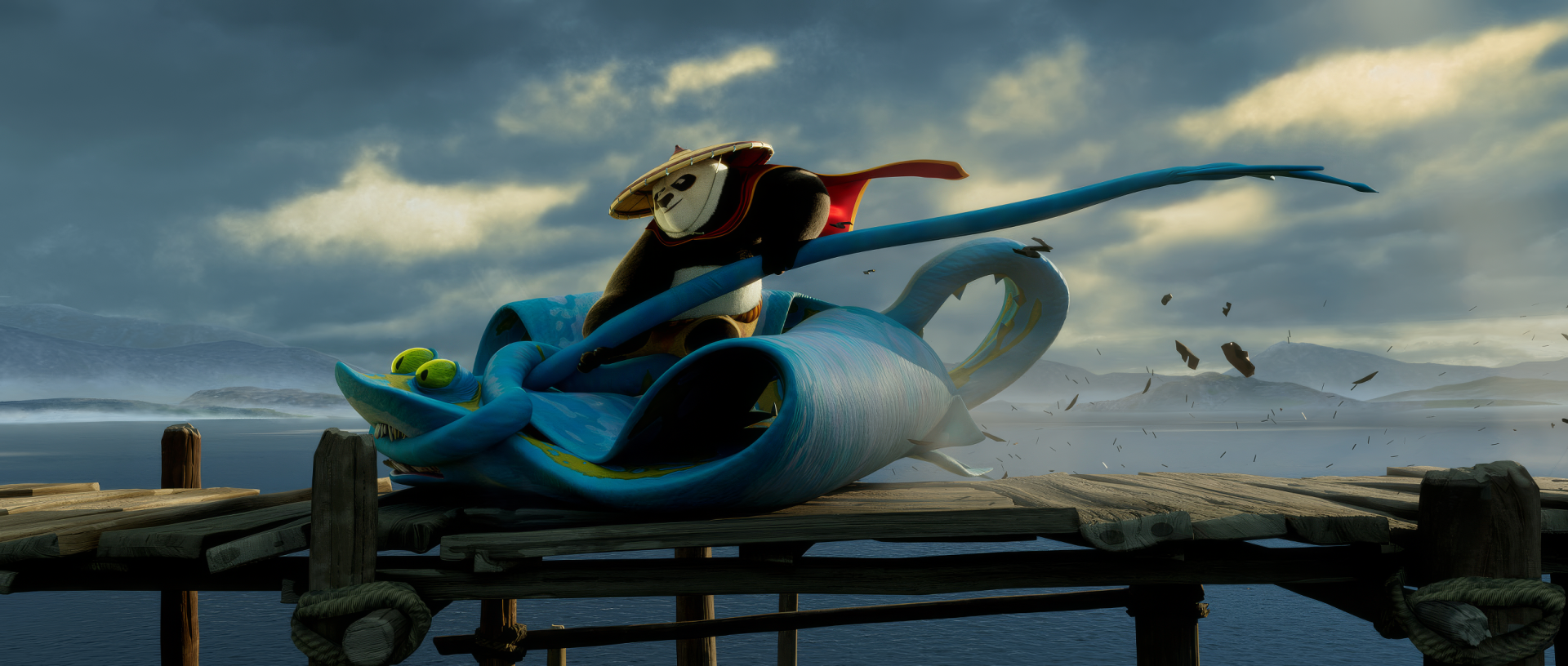 HD wallpaper of Po from Kung Fu Panda 4, lounging on the back of a dragon on a pier under a moody sky.