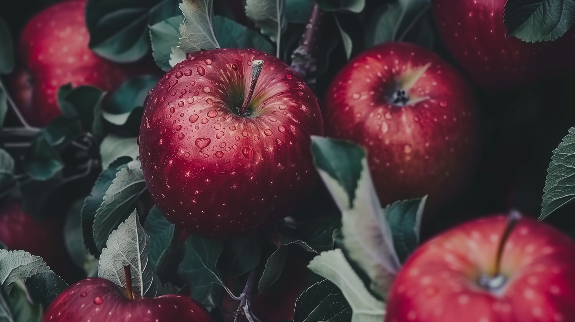 HD desktop wallpaper featuring dew-covered red apples amidst lush leaves.
