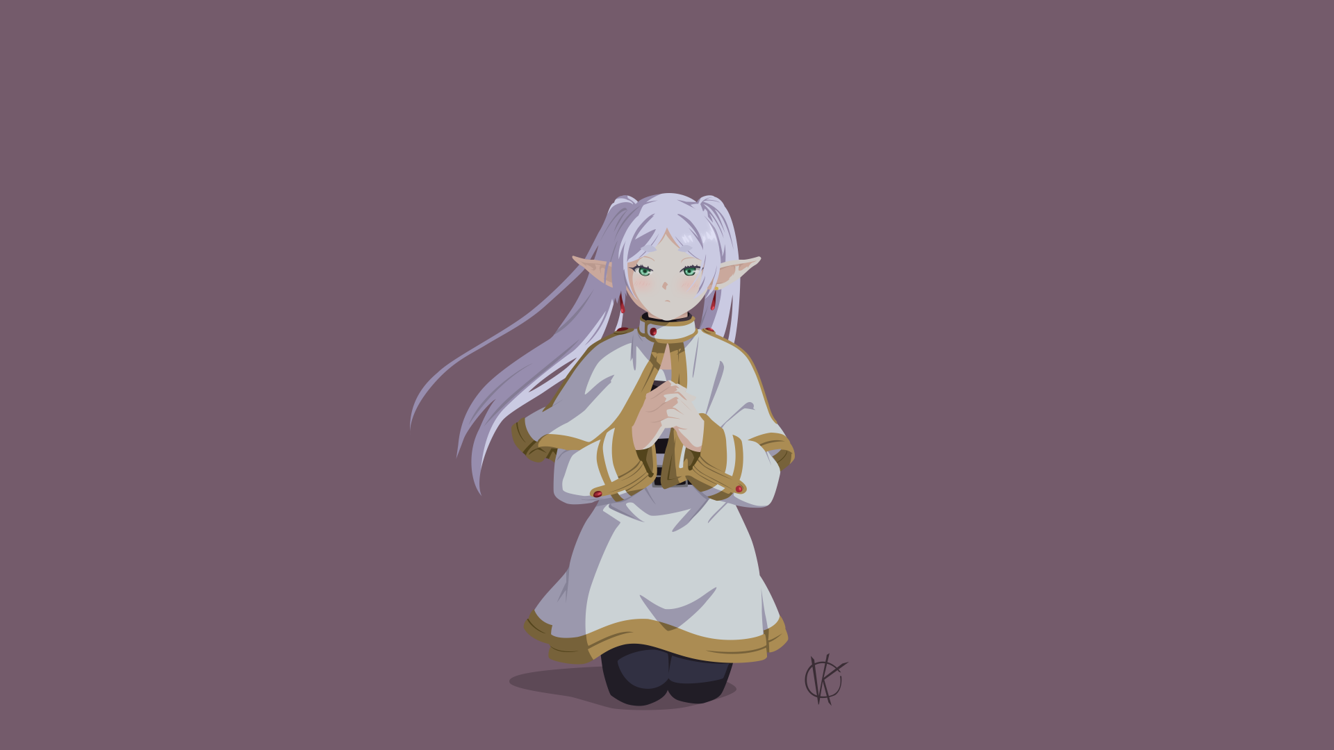 Anime-style 4K Ultra HD desktop wallpaper featuring Frieren from Frieren: Beyond Journey's End, depicted in a serene pose with soft purple tones and detailed character design.