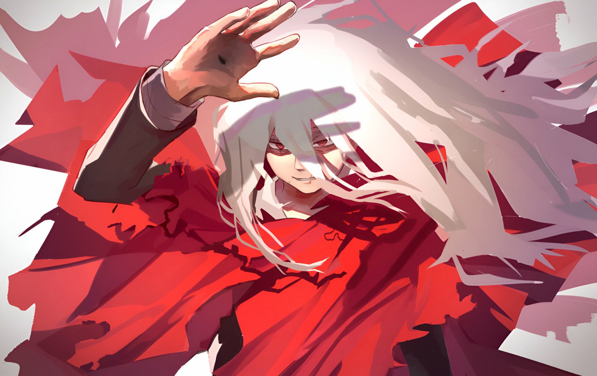 HD anime desktop wallpaper featuring Tomura Shigaraki from My Hero Academia in a dynamic pose with red and white abstract background elements.