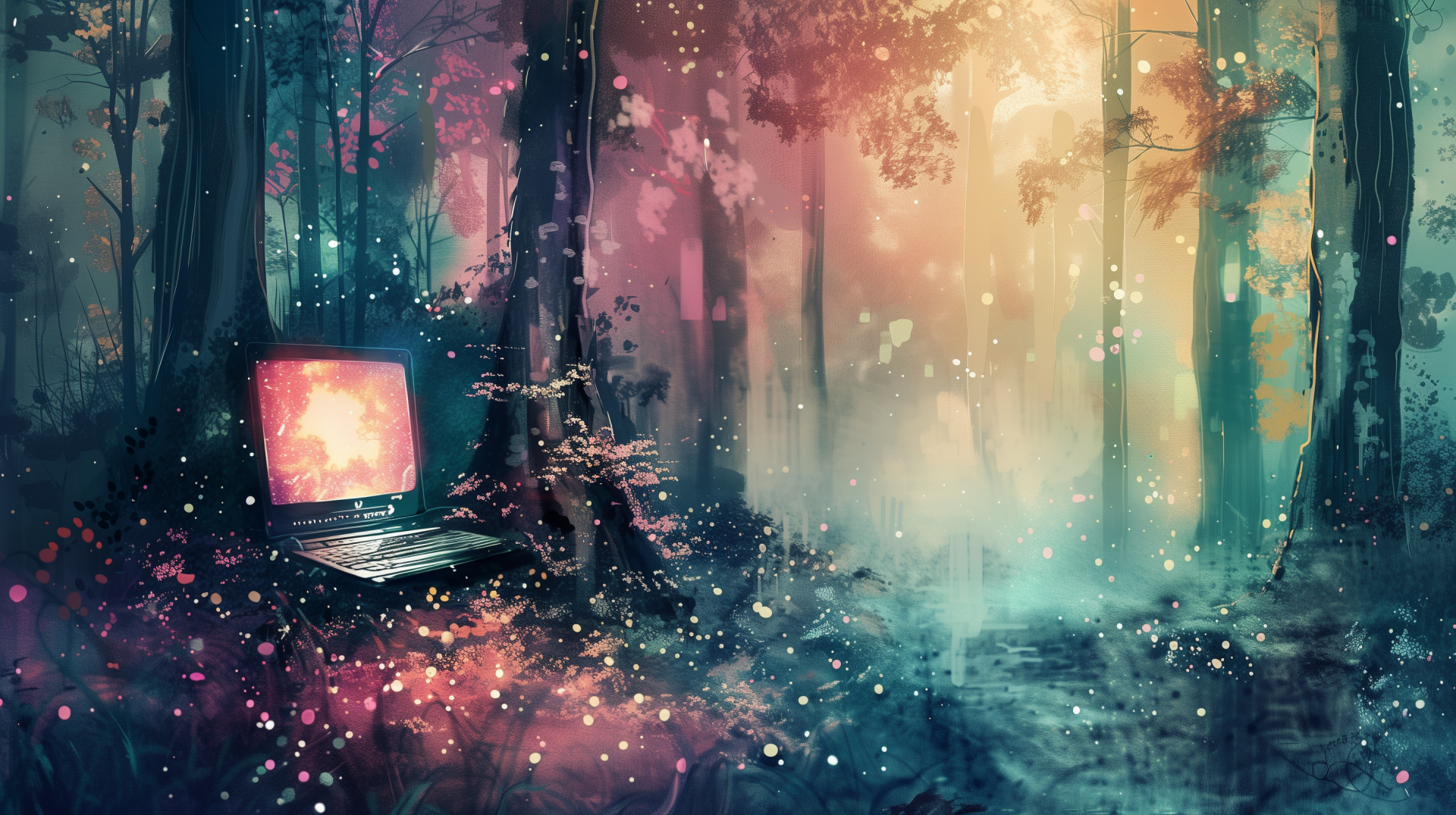 HD wallpaper featuring a mystical forest with a glowing laptop amidst ethereal lights and colors.
