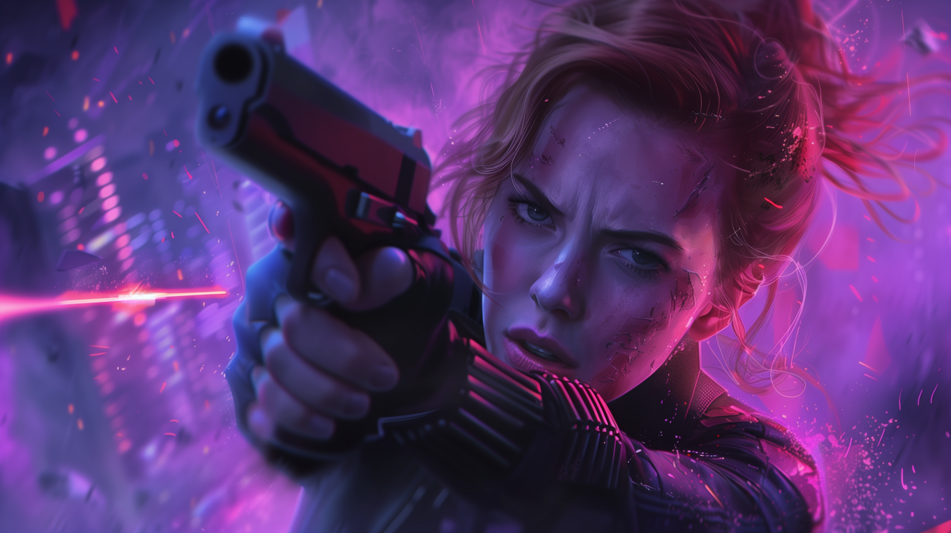 Vivid fan art of Black Widow, featuring a fierce close-up of her aiming a gun with a striking purple and blue background. This HD image serves as an engaging desktop wallpaper.