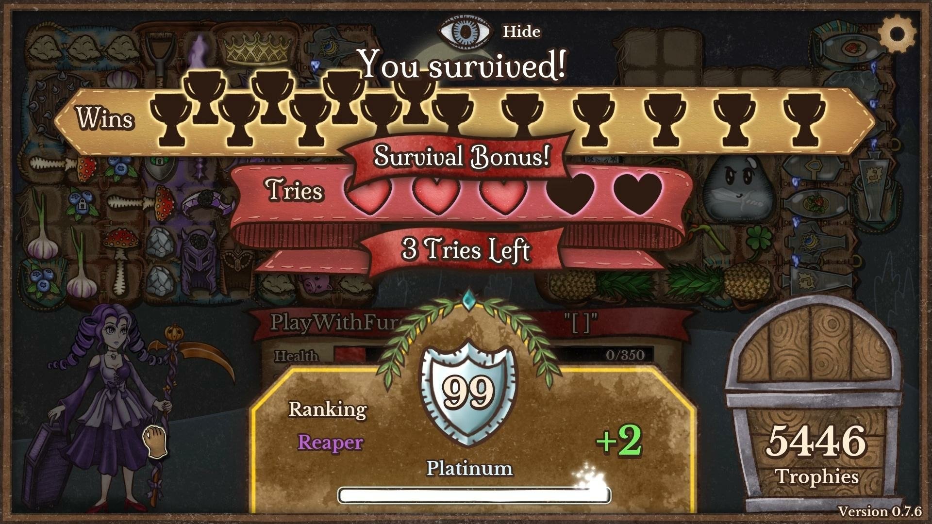 HD desktop wallpaper featuring a victory screen from the video game Backpack Battles, with a survival bonus and platinum ranking.