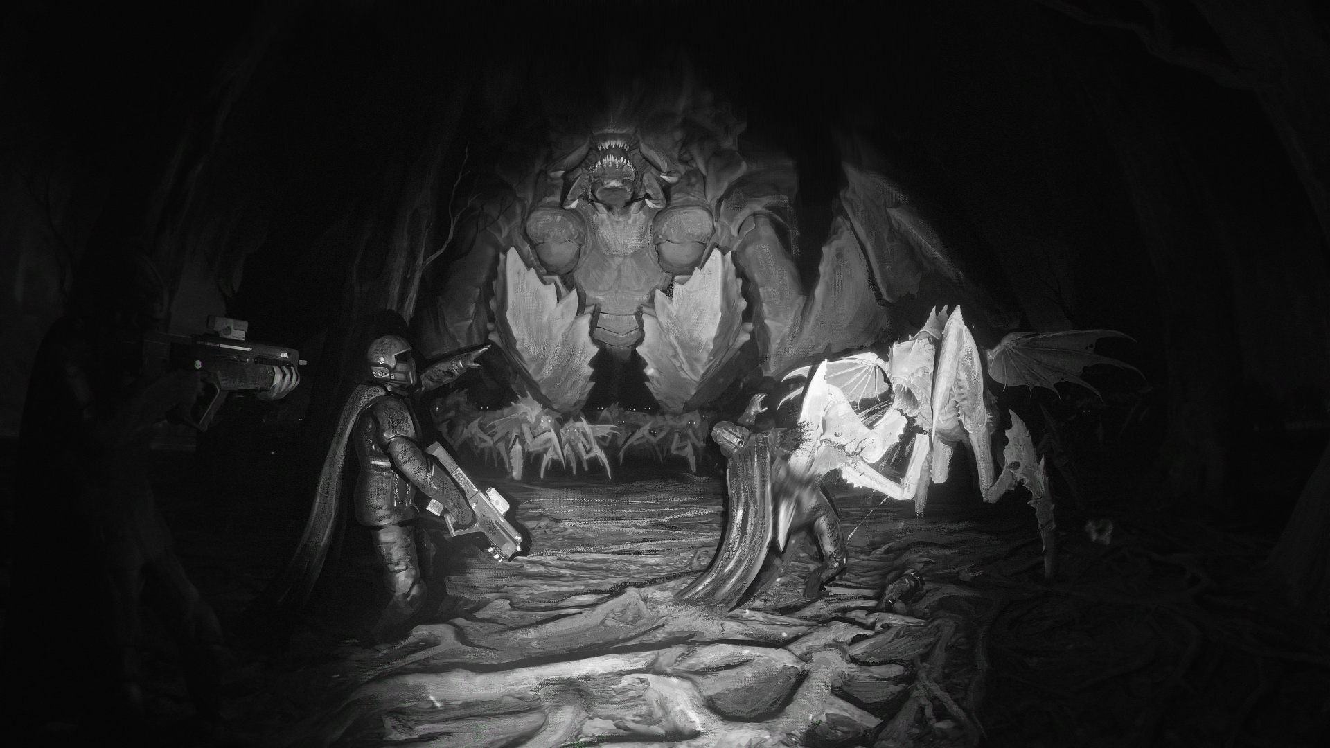 Dark sci-fi horror scene from Helldivers 2 shows armored soldiers confronting alien creatures in a cave, captured in a 4K Ultra HD PC desktop wallpaper.