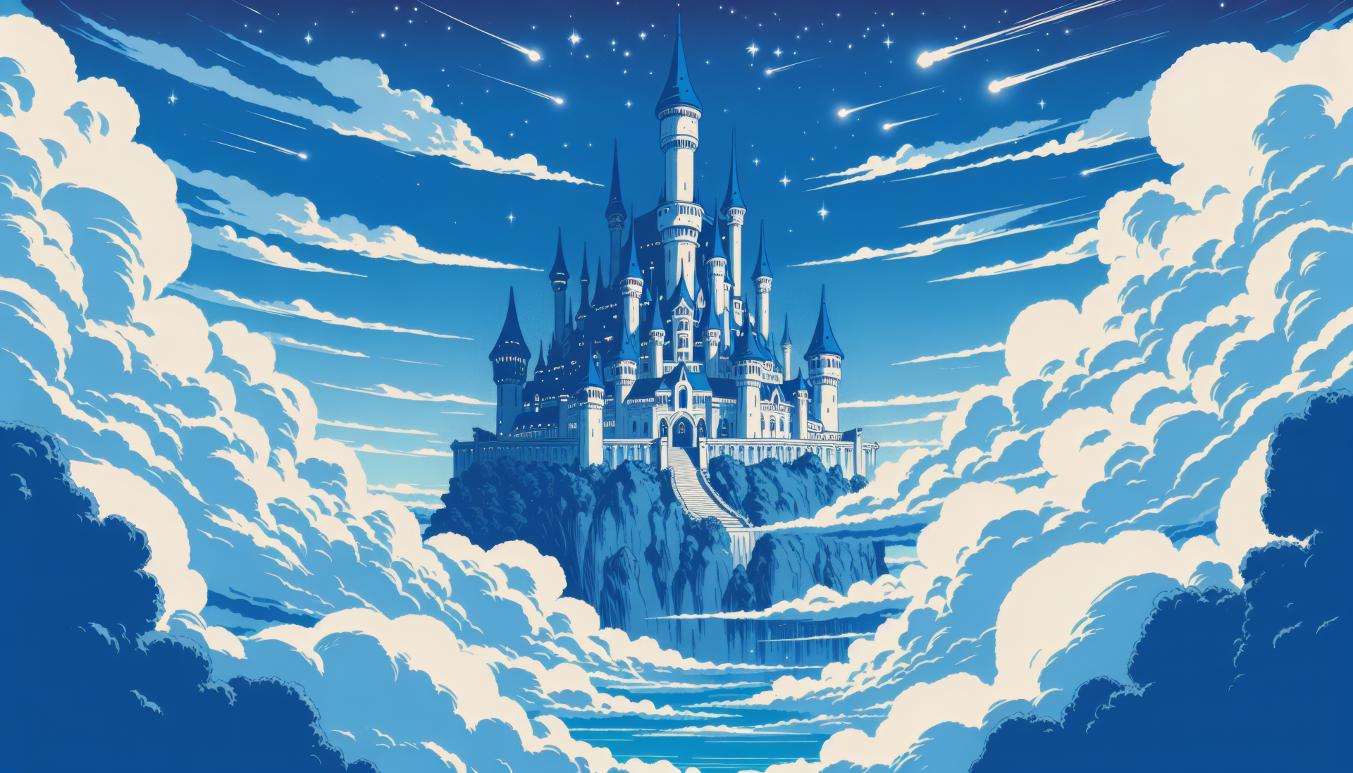 A stunning HD fantasy wallpaper featuring a majestic castle surrounded by clouds, set against a starry night sky with shooting stars, creating an enchanting atmosphere.